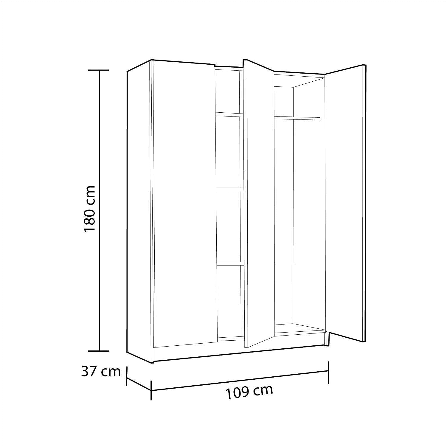 Wardrobe with 3 Doors and 5 Shelves Multipurpose Cabinet Space Saving Broom Holder Column Entrance Bedroom Storage Garage Modern Design 109 x 180 x 37 cm White