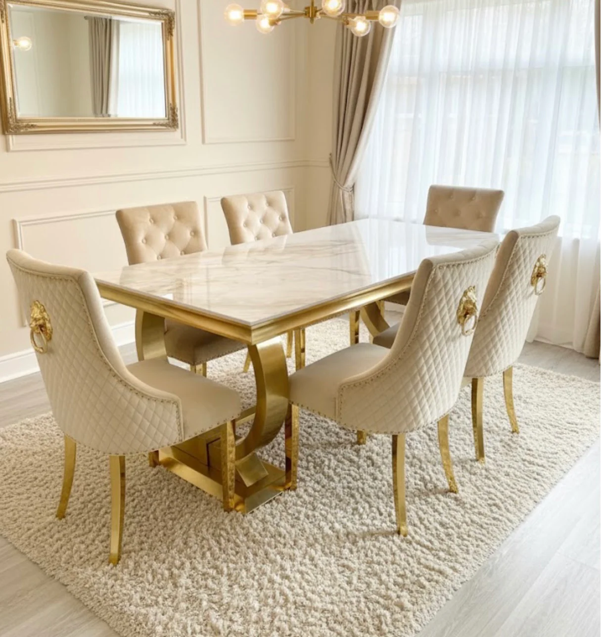 Arianna Gold Cream Marble Dining Table + Gold Majestic Mink Dining Chairs Lion Knocker