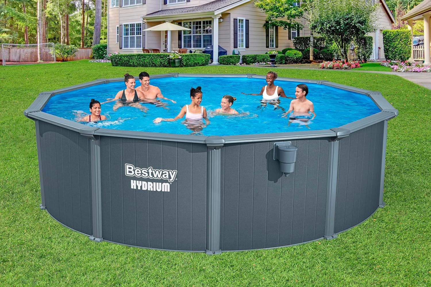Bestway Hydrium Stahlwandpool Set, Ganzjährig aufstellbar & Winterfest, 488 x 132 cm Rund, Holz-Optik Grau, Inkl. Sandfilteranlage & Zubehör