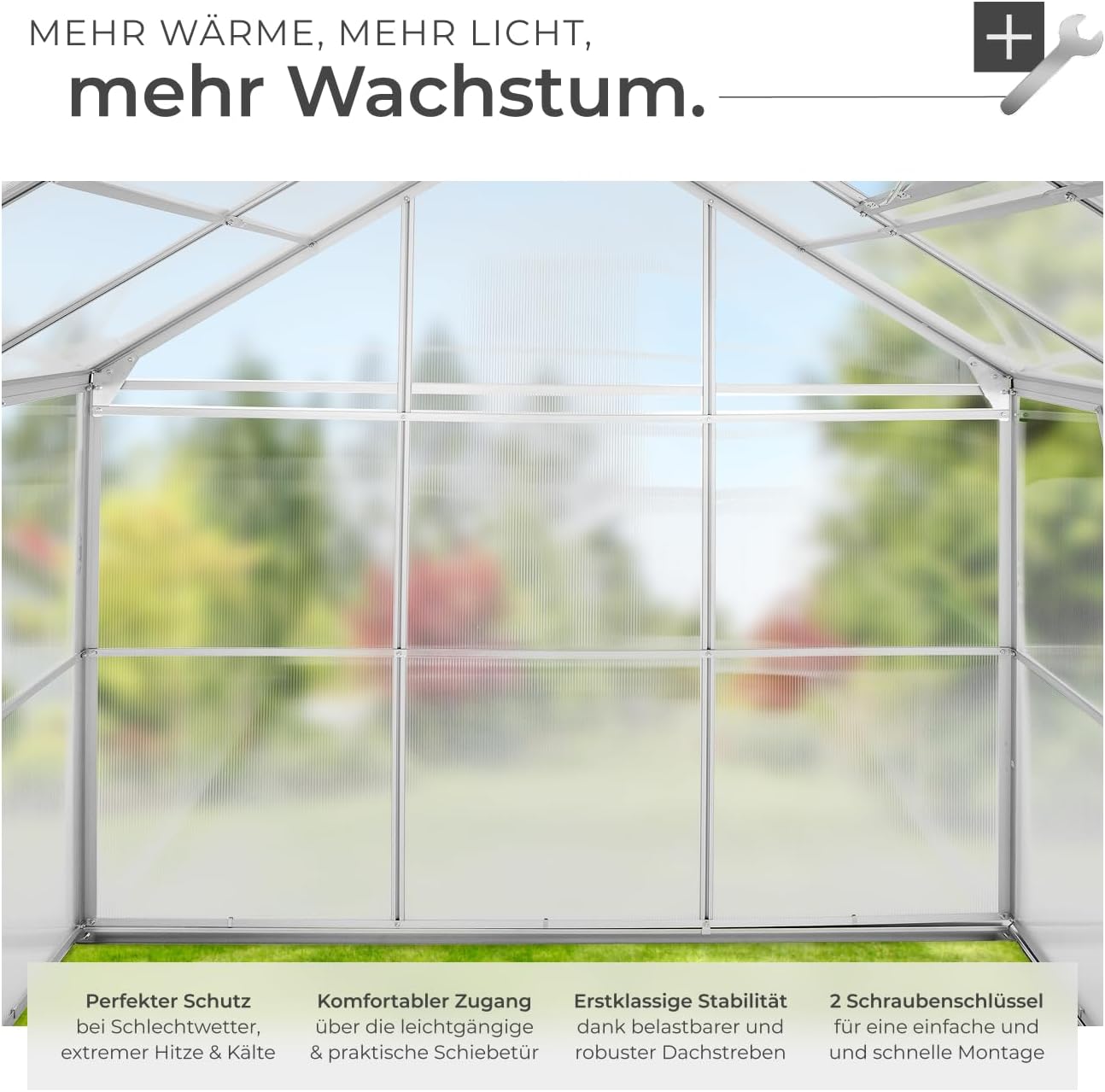 tectake® Aluminium Gewächshaus, 190x185x195 cm, Treibhaus, Tomatenhaus, Frühbeet, Pflanzenhaus, UV beständig, 4 mm Platte, Schiebetür & Dachfenster, Schutz vor Kälte, Regen und Frost - ohne Fundament