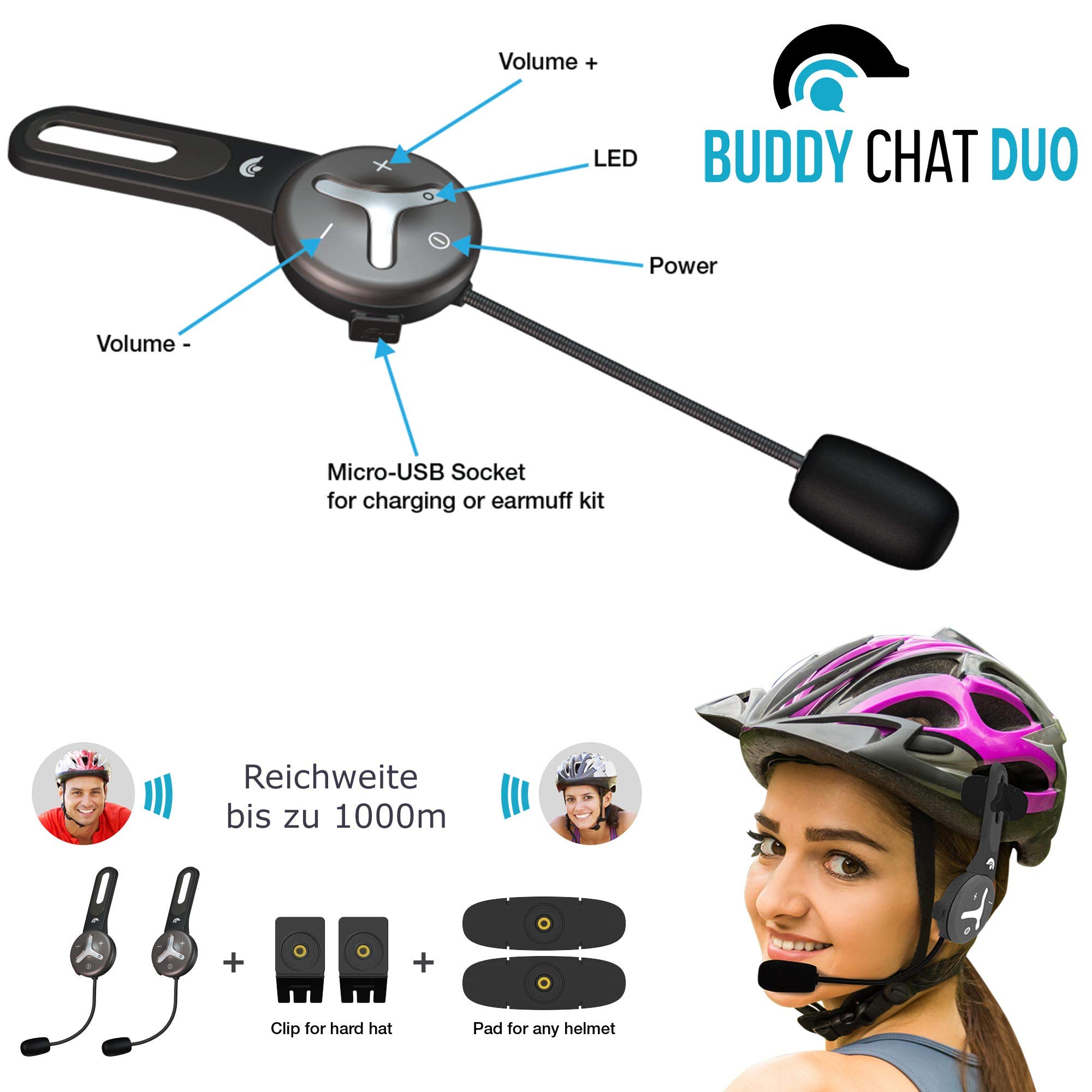 Bluetooth-Headset Helm-Intercom 2er Set für Fahrrad, Ski und Arbeit, Freisprechanlage mit DSP-Geräuschunterdrückung und bis zu 1000 m Reichweite