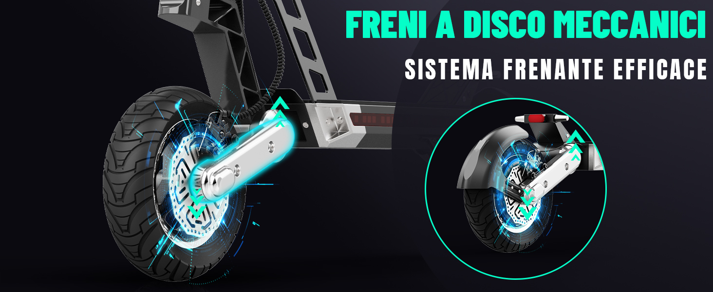 Ruota per scooter elettrico con sistema di freno a disco meccanico. La vista ravvicinata mostra la pinza e il rotore del freno. Il testo evidenzia l'efficiente sistema frenante