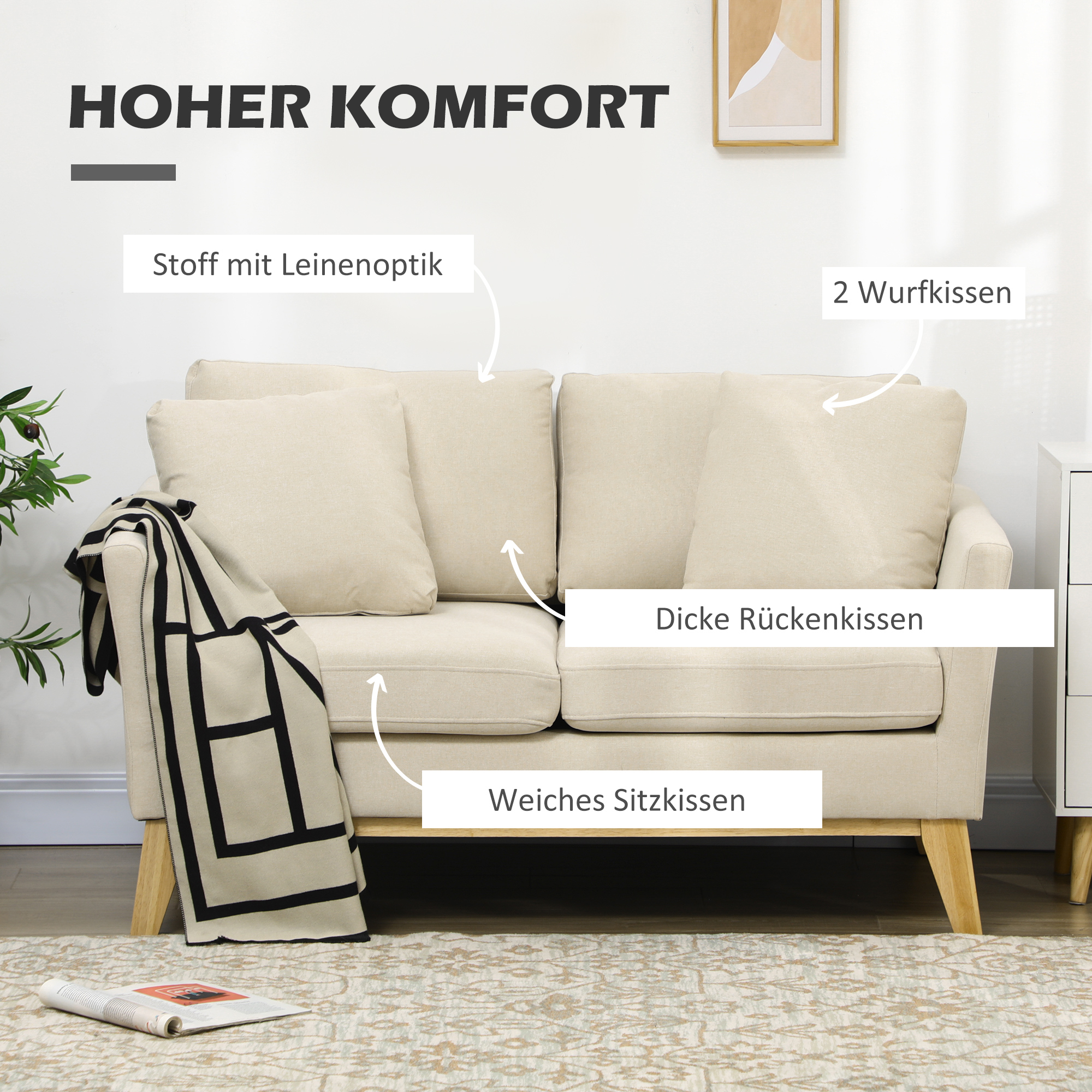 2-zitsbank, Scandinavisch design, 2 sierkussens, frame van natuurlijk hout, beige, 137 x 78 x 78 cm