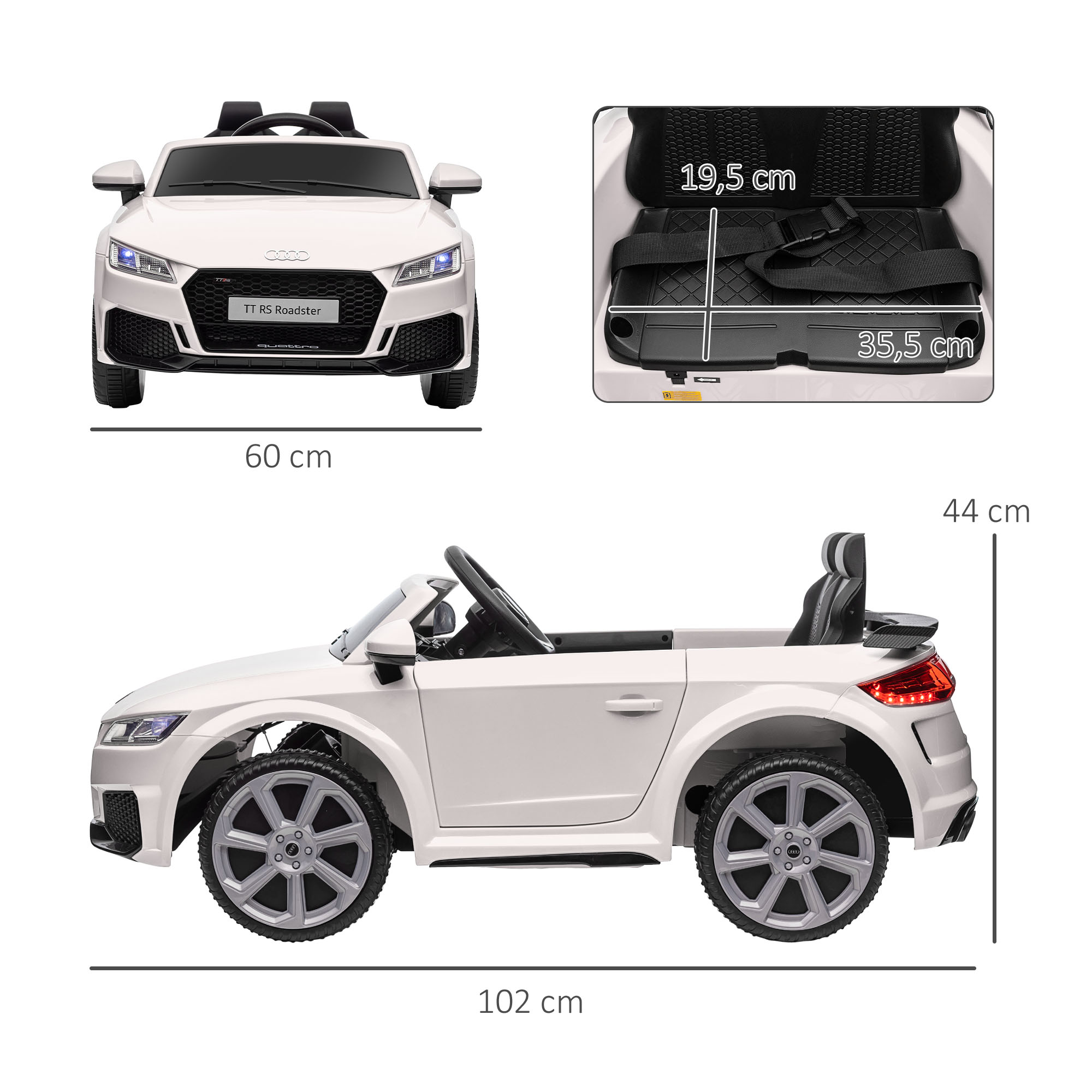 Kinder-Elektroauto Audi TT RS Roadster, 3 km/u, Afstandsbediening, LED, USB, Wit