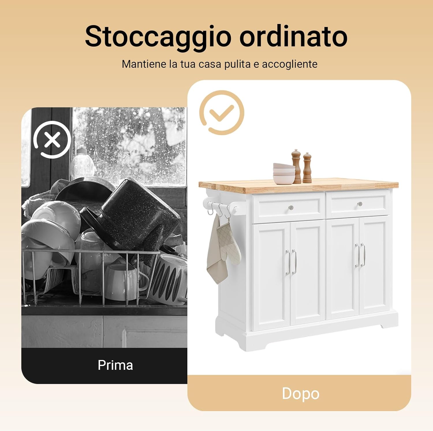 SoBuy Carrello Cucina con Ruote, Isola Cucina con Piano di Lavoro Estensibile, 2 Cassetti e Ripiani Regolabili Mobile Salvaspazio per Mobili da Cucina, Bianco 115 x (46-71) x 92 cm FKW71-II-WN