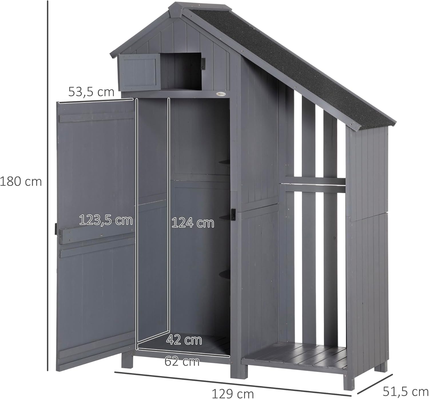Outsunny Gartenschrank Holz Geräteschrank Gartenhaus mit Giebeldach Holzhütte Geräteschuppen 129 x 51,5 x 180 cm Grau+Schwarz
