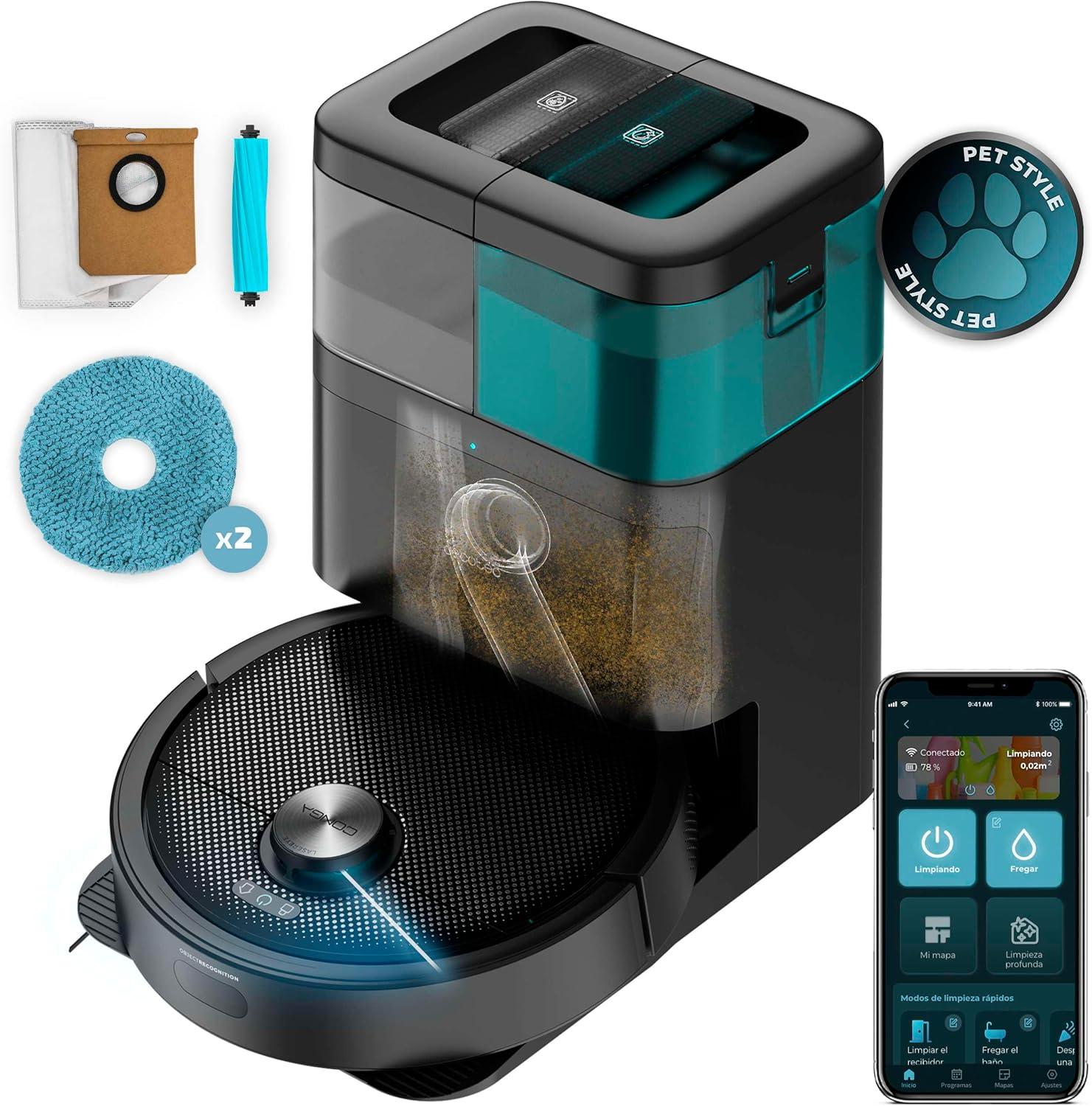 Cecotec Robot Aspirapolvere Lavapavimenti con Mappatura Conga 15090 SpinArm Home&Wash. 8000Pa, Mopas Elevabili, Home&Wash, 240m2, APP Bluetooth/WiFi, Carpet Care, Batteria 5200mAh, Pulizia Autonoma