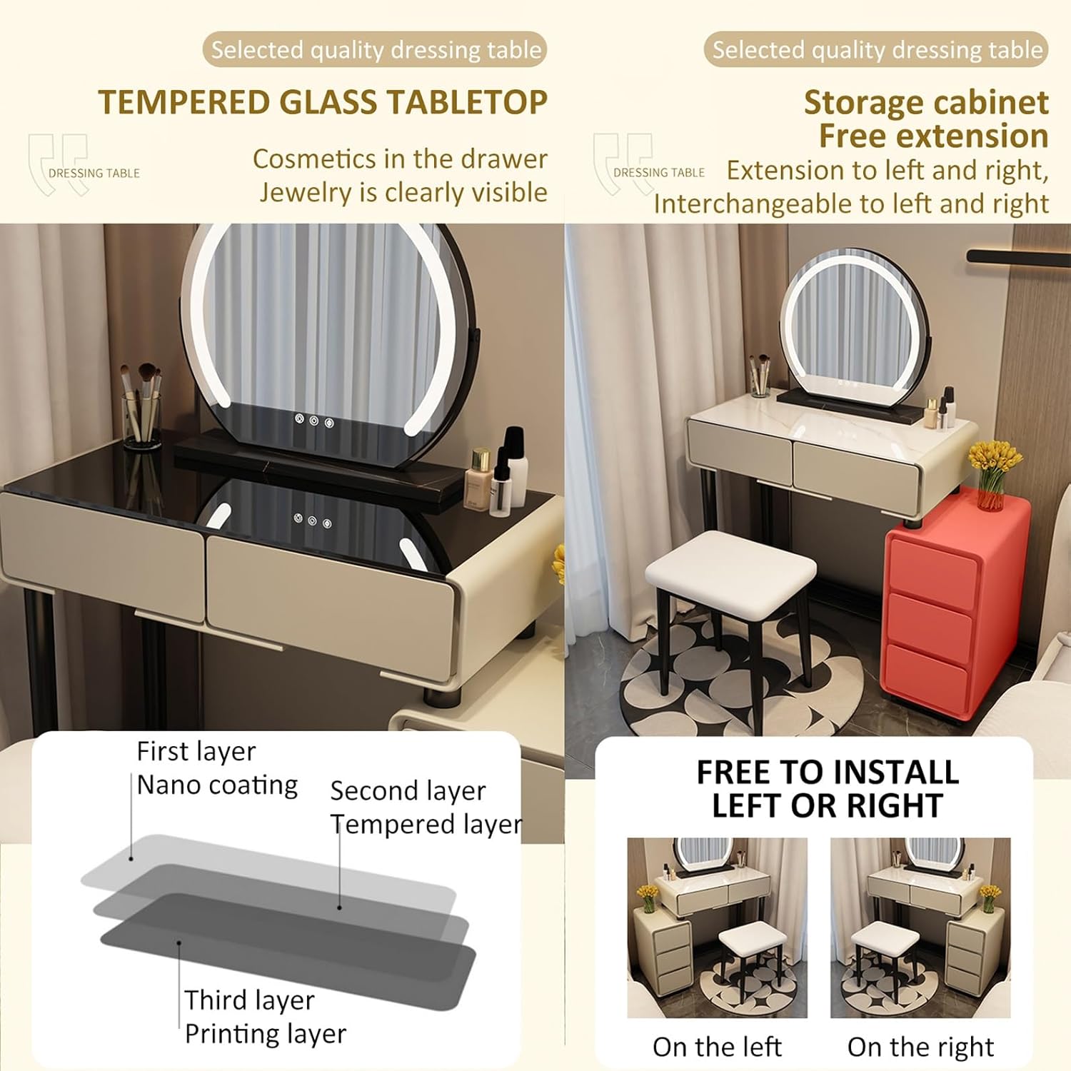 Set da trucco illuminato con luminosità regolabile, grande tavolo e sedia, 3 modalità di illuminazione, cassetti e armadietti, design salvaspazio per piccole stanze