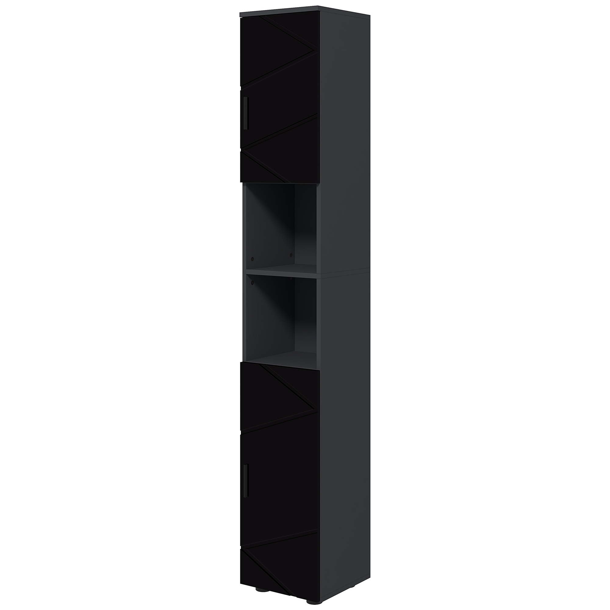 Kleankin Badezimmerschrank aus Spanplatte mit 2 offenen Regalen und 2 Schränken mit 2 Ebenen, 30x30x183 cm, Schwarz und Dunkelgrau