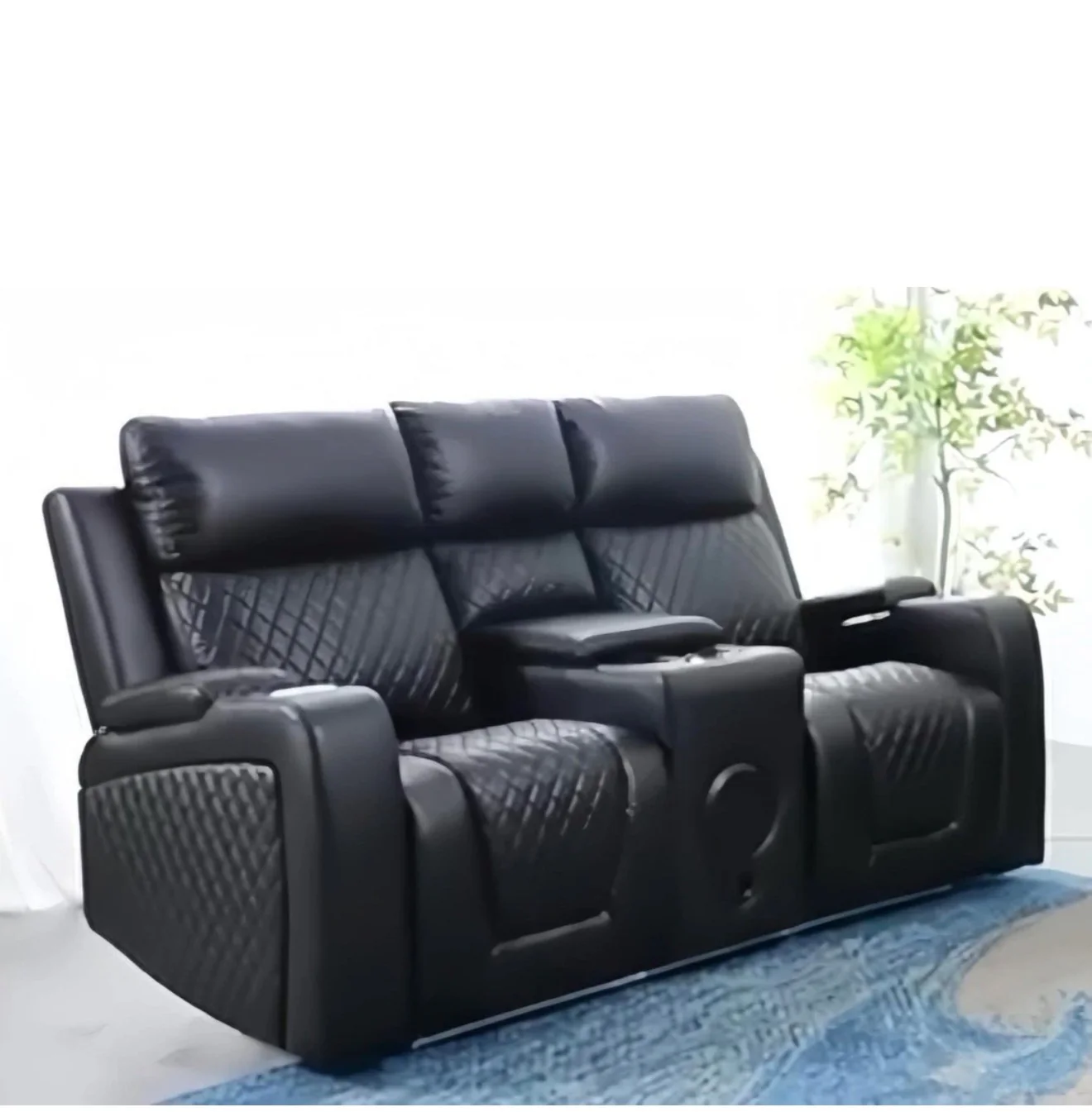 Florence 2 Seater Black Leather Electric Recliner Sofa with Cup Holders, LED Lights & Wireless Charger, USB Port