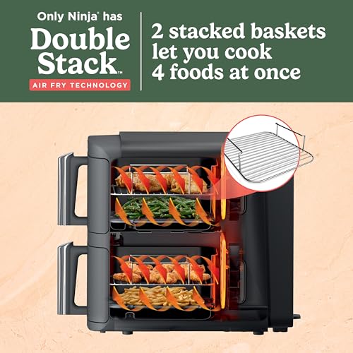 Ninja SL401 DoubleStack XL 2 Basket Air Fryer, DoubleStack Technology Cooks 4 Foods at Once, Compact Design, 10 QT, 6 in 1, Smart Finish & Match Cook, Air Fry, Broil, Bake, Easy Meals, Easy Clean,Grey : Home & Kitchen