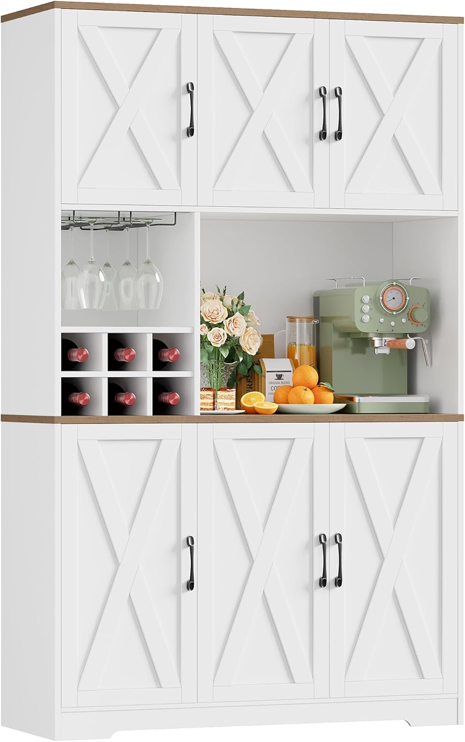 HOCSOK Credenza Cucina, Alta Dispensa Cucina con 6 Armadietti, Rimovibile Portabottiglie da parete con porta calici, Microonde con Ripiani Aperti, mobile soggiorno, Bianco