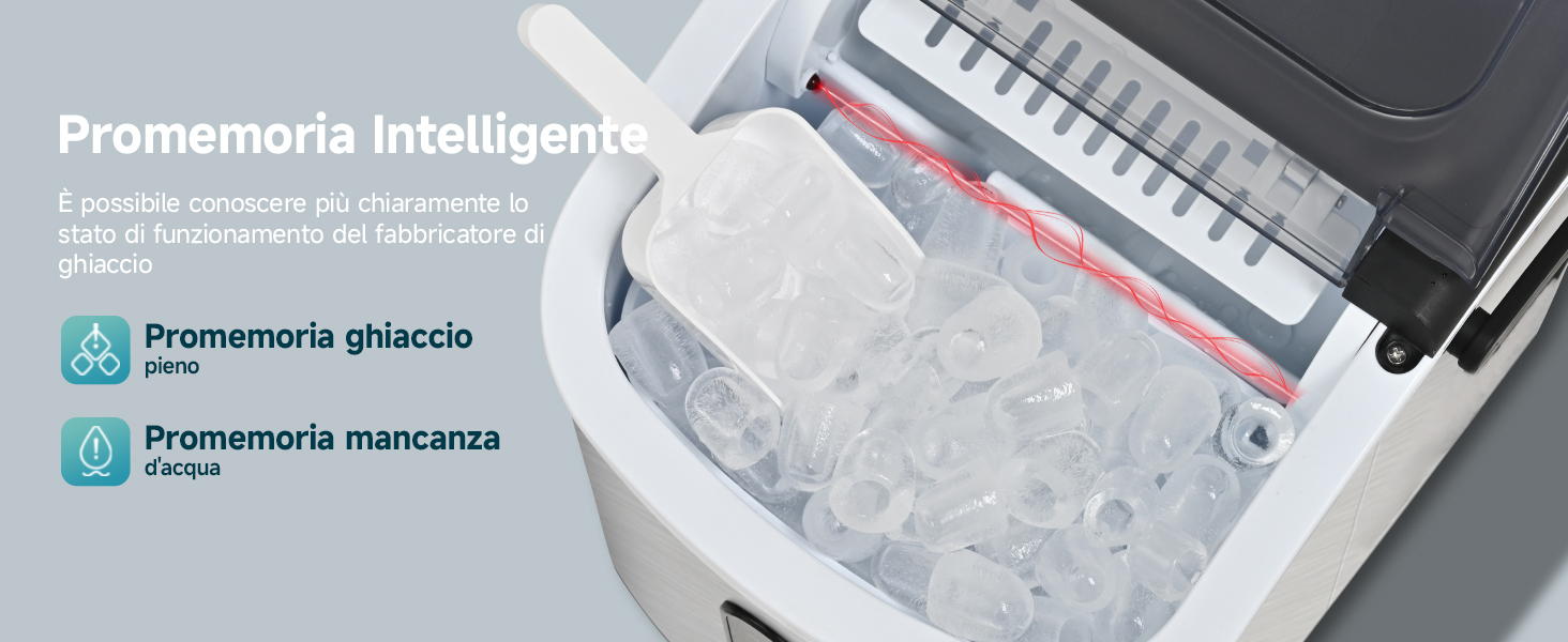 Scomparto per la produzione di ghiaccio riempito con ghiaccio tritato. Presenta funzionalità intelligenti per la produzione di ghiaccio, il rilevamento del livello del ghiaccio e la mancanza d'acqua