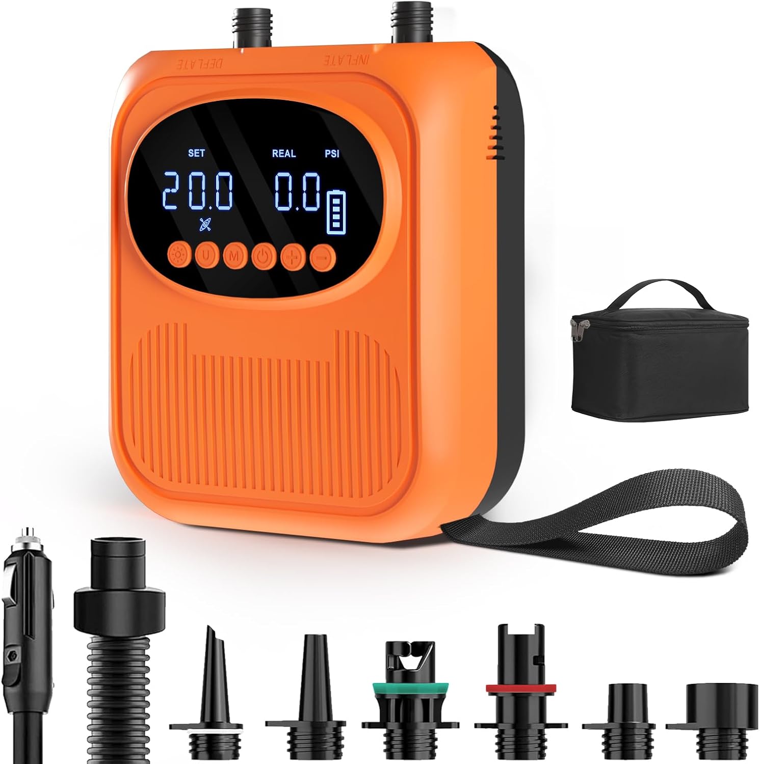 Mojimdo Pompa elettrica per SUP, pompa ad aria ricaricabile da 20PSI, alimentazione di emergenza e luce di emergenza, autospegnimento, 12V DC e Type-C, con 6 ugelli per Stand Up Paddle Boards