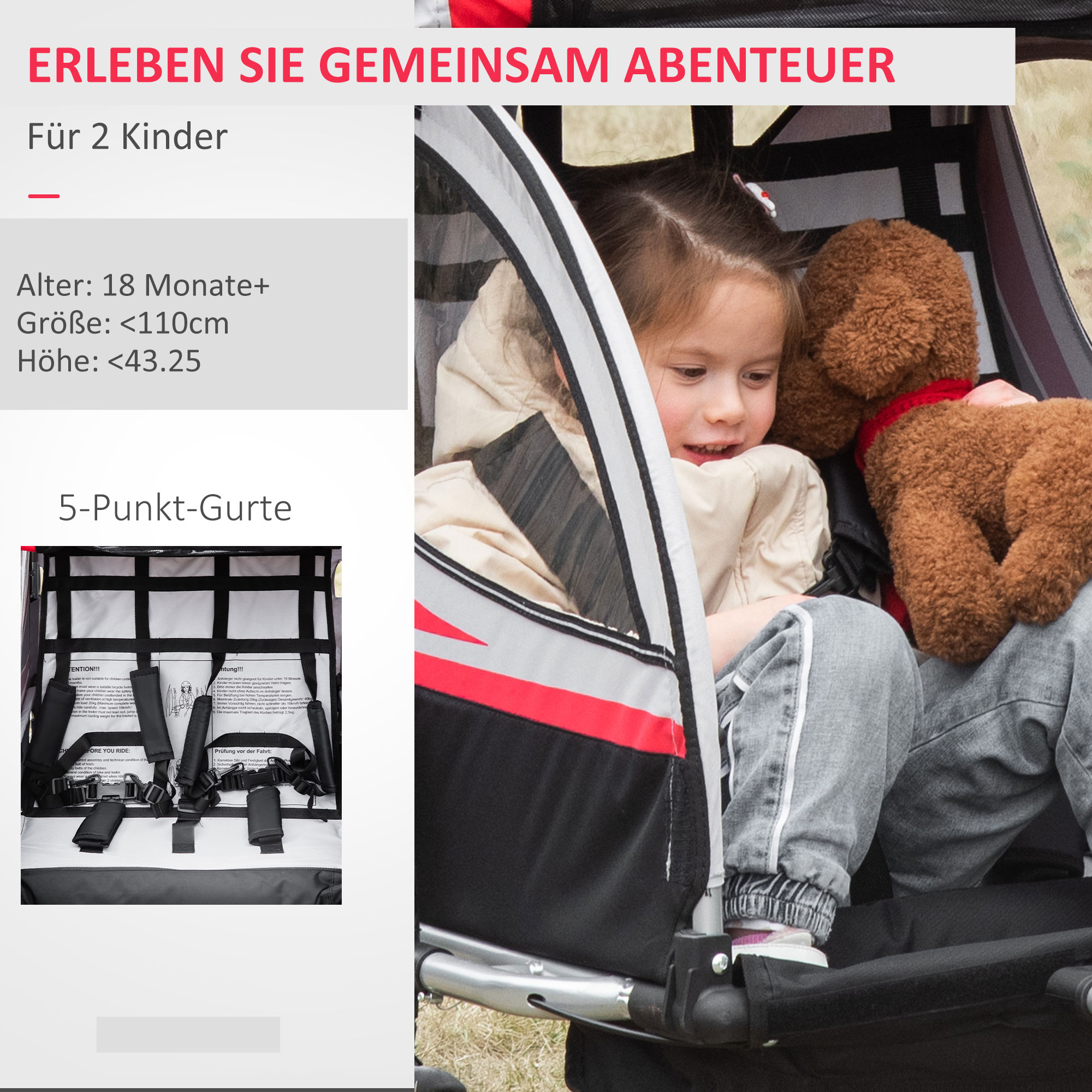 2 in 1 kinderfietskar, kinderkar met vering, rood + zwart