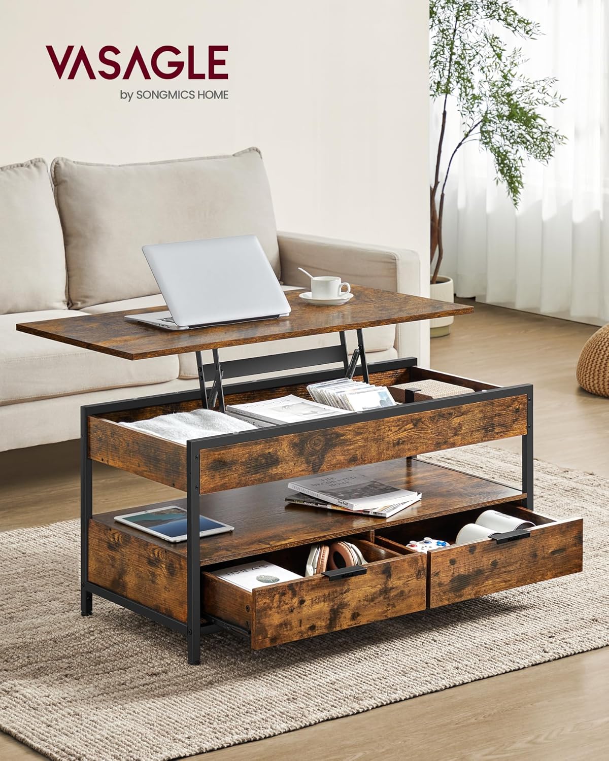VASAGLE höhenverstellbarer Couchtisch mit Metallgestell im Industrial-Stil