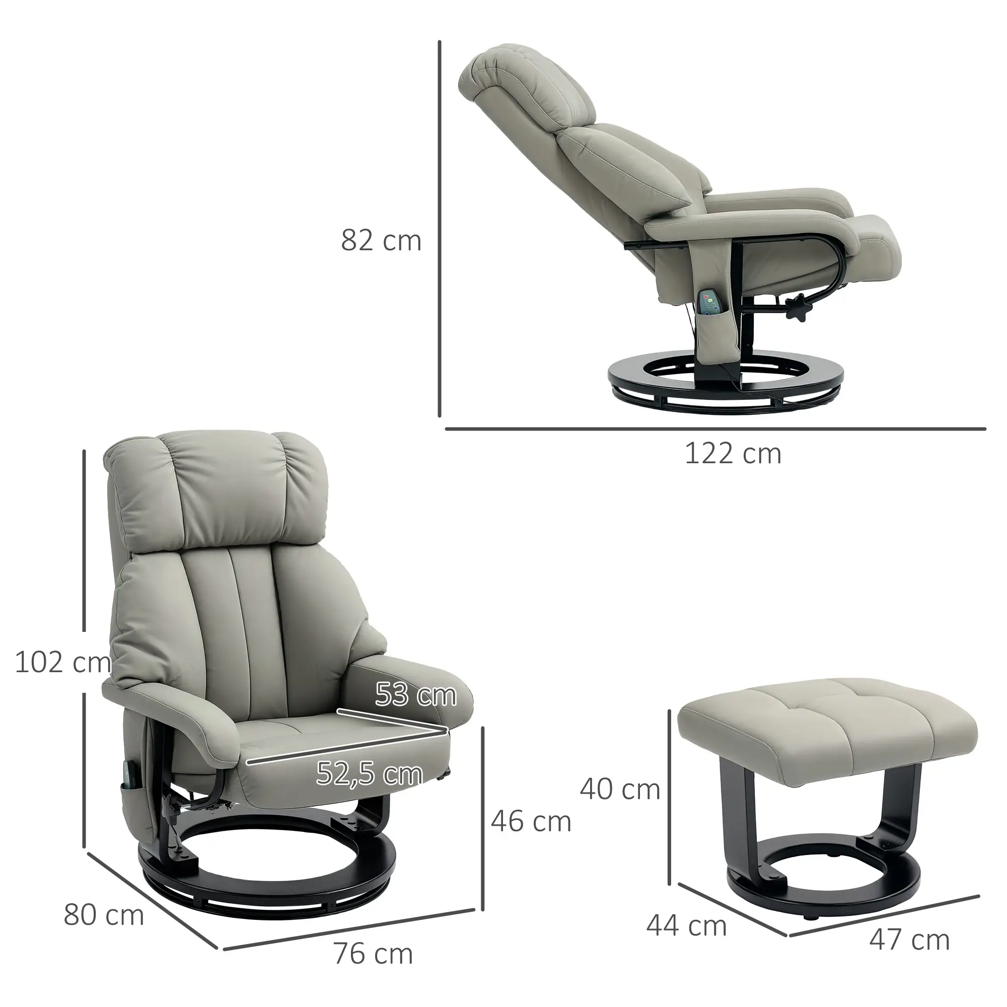 HOMCOM Relaxsessel Grau mit Massage, Liegefunktion & Fußhocker, Kunstleder