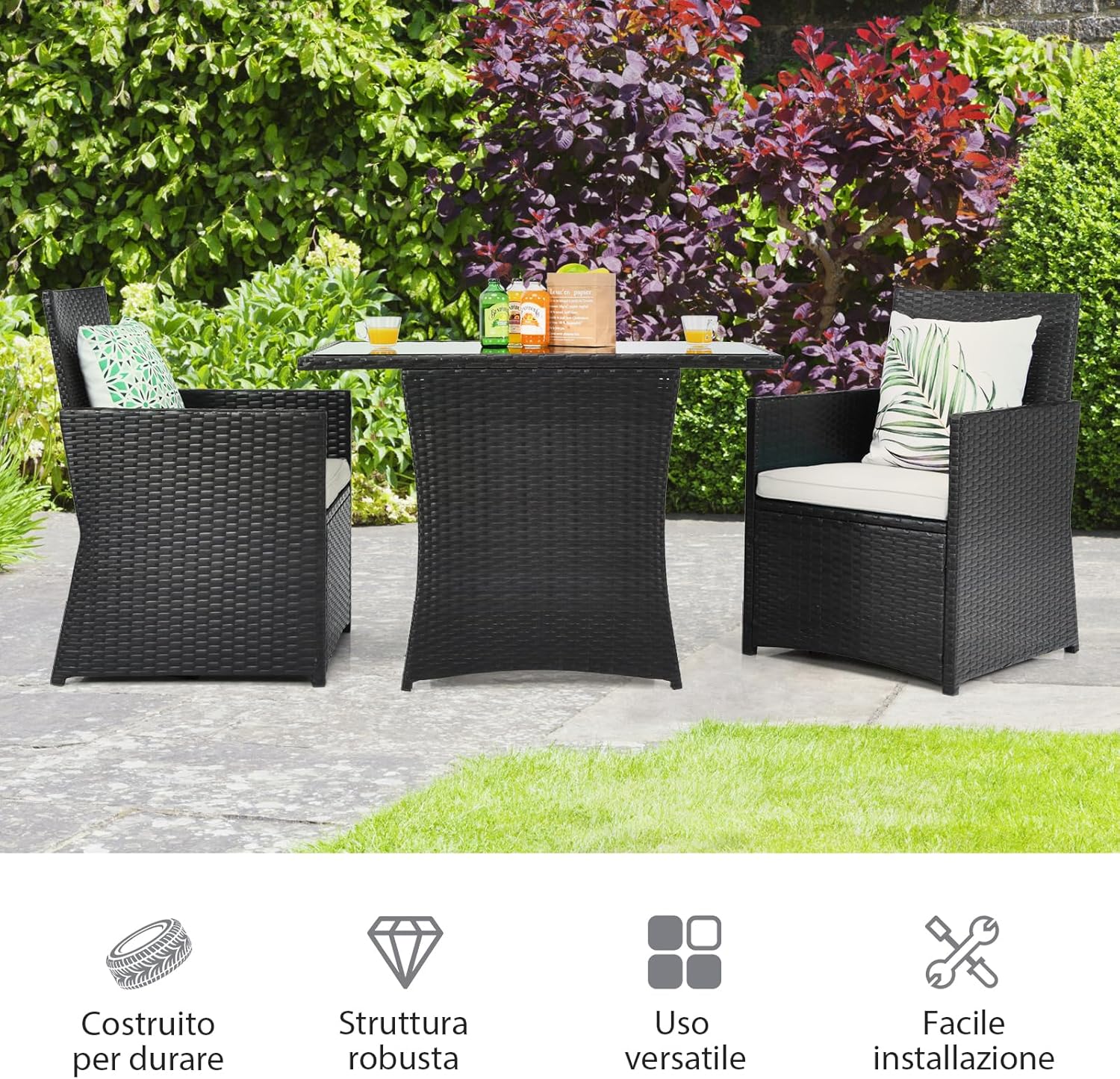 COSTWAY 3 Pezzi Set Mobili da Esterno, Set da Giardino in Rattan PE Salvaspazio con Piano Tavolo in Vetro Temperato e Sedie Imbottite, Tavolo e Sedia da Balcone
