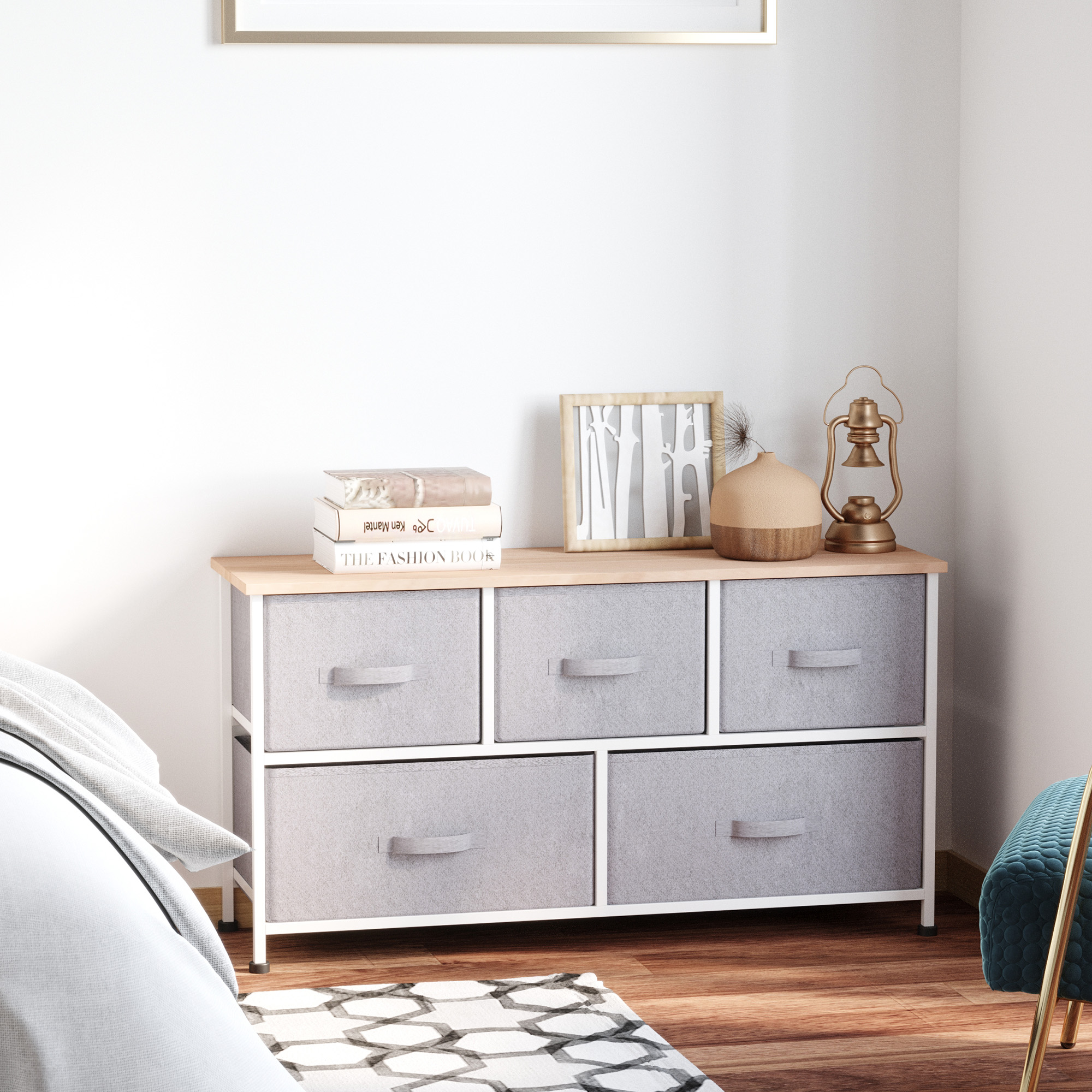 HOMCOM Kommode Aufbewahrungsmöbel 100 x 30 x 54 cm 5 nicht gewebte Schubladen grauer Stahlrahmen weiß helles Holz