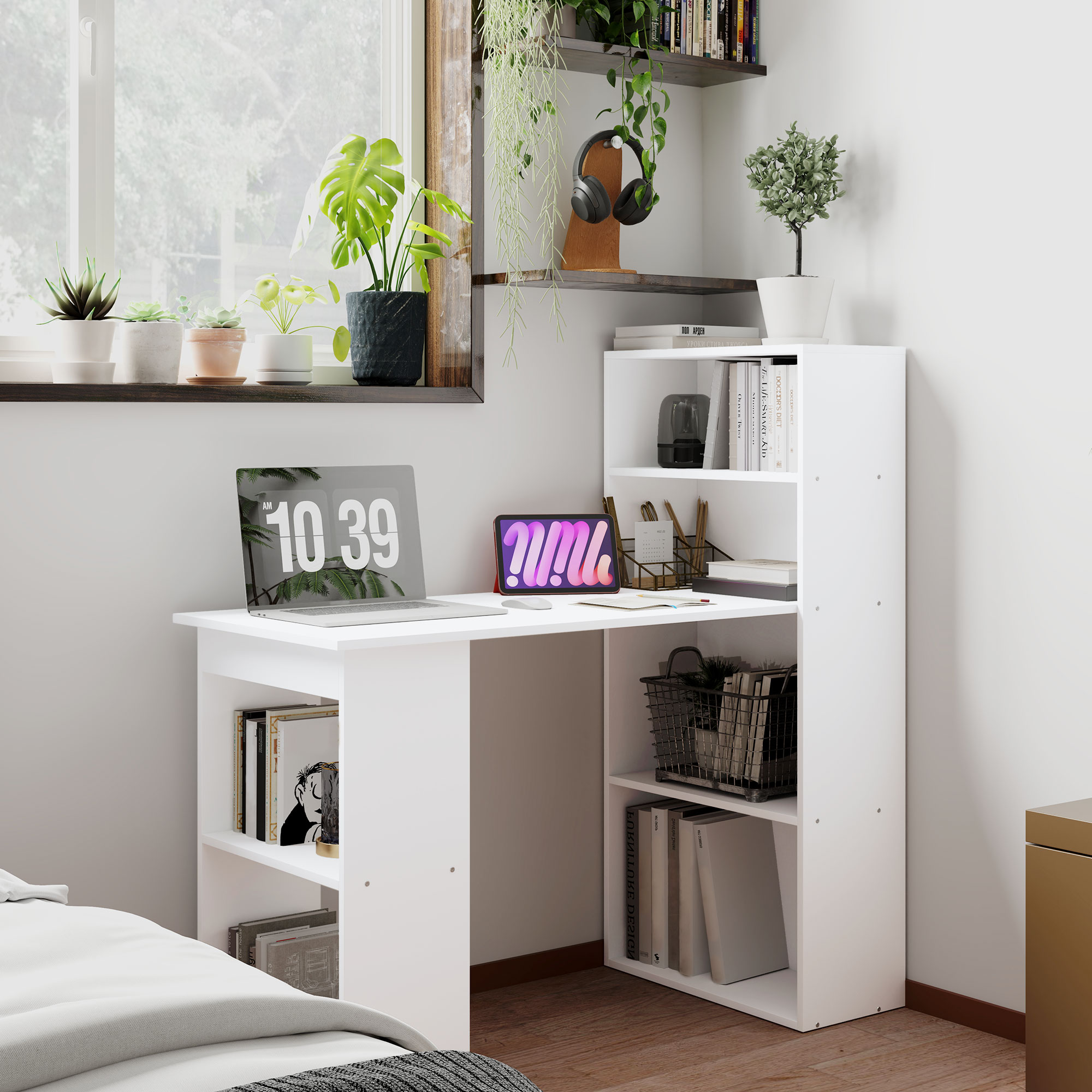 HOMCOM Schreibtisch Bürotisch Computertisch, 2 Regale, 5 Regalböden, 120 cm x 55 cm x 120 cm, Weiß