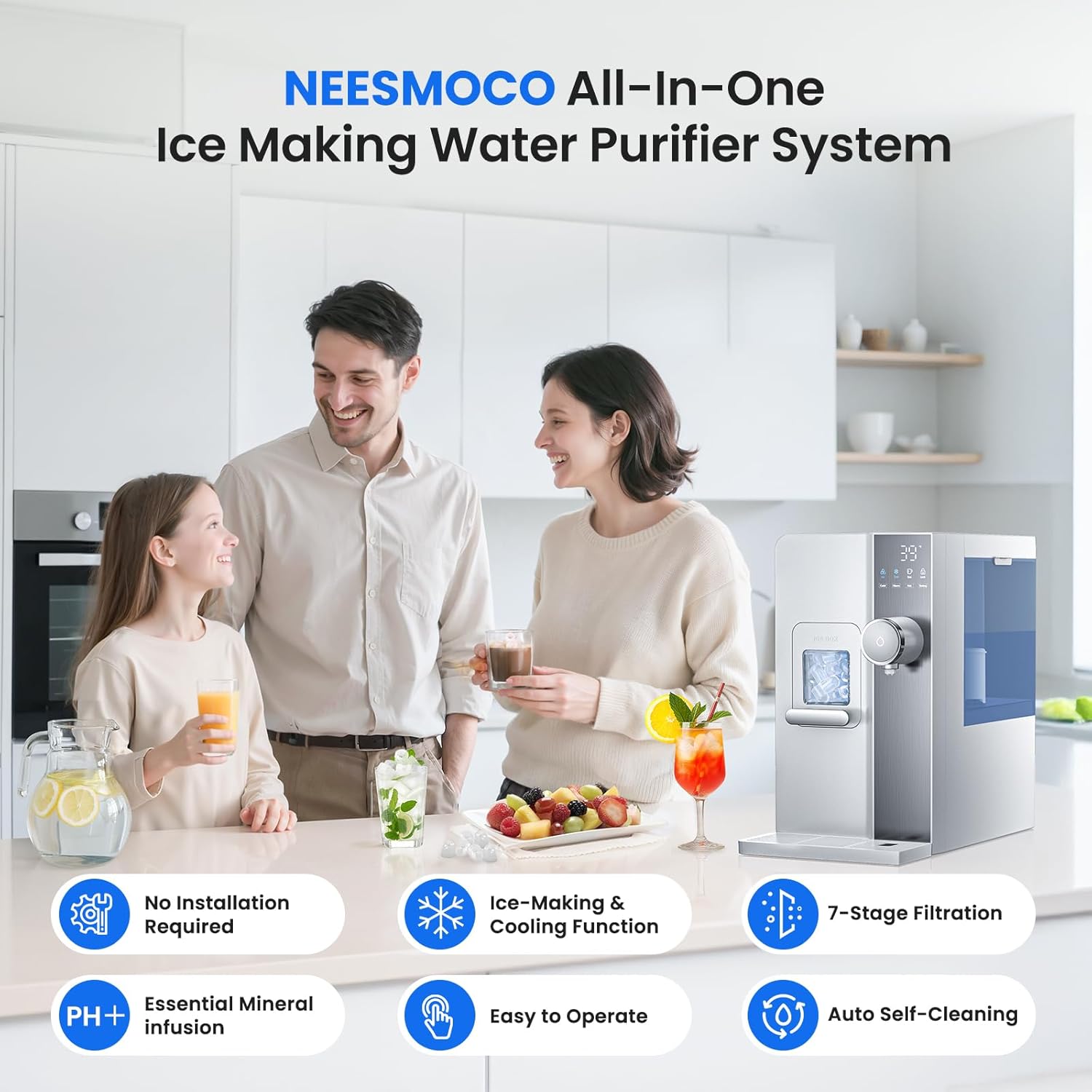 3-in-1 Countertop Ice Maker Water Filter Dispenser, 7-Stage, No Install