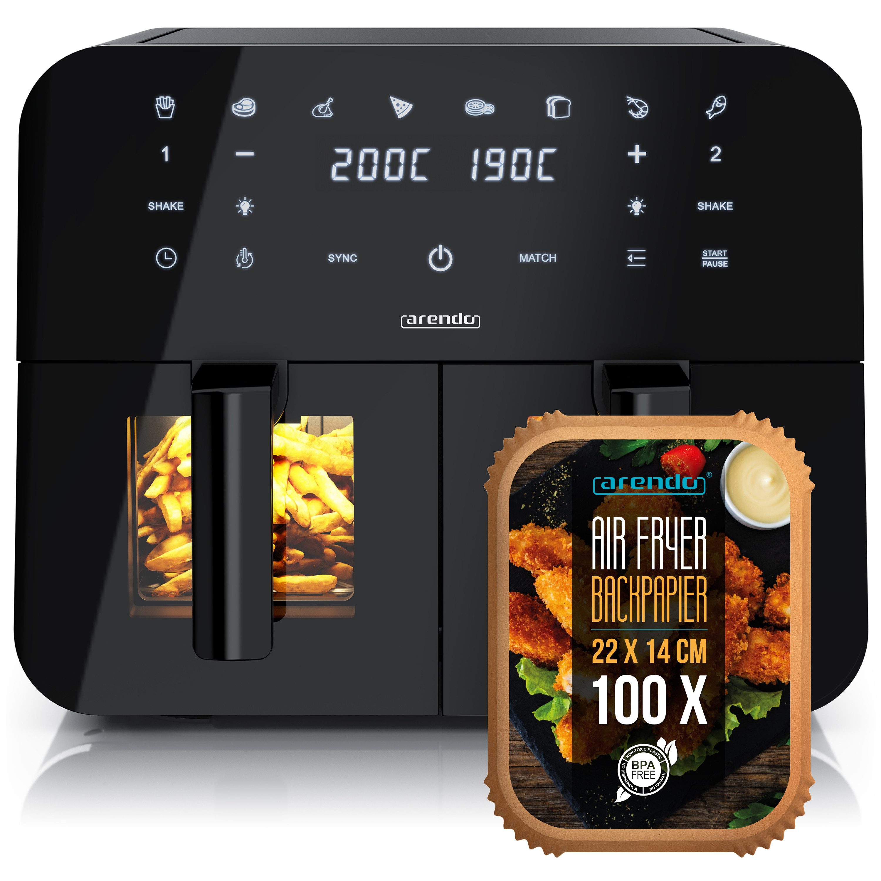 Heißluftfritteuse XXL Doppelkammer Airfryer 9L mit Backpapier & Zubehör, Dual Zone