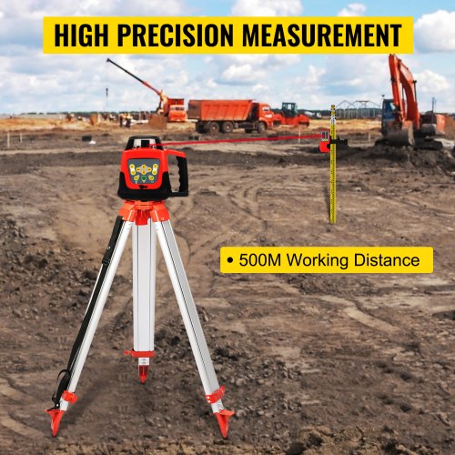 VEVOR Professional Rotationslaser max. Arbeitsbereich 500 m rot, Linienlaser 360 Grad Laser höhenmesser Wasser- und staubdicht Außenbereich Arbeitszeit 20 Stunden mit Stativ & Herrscher Elektrik
