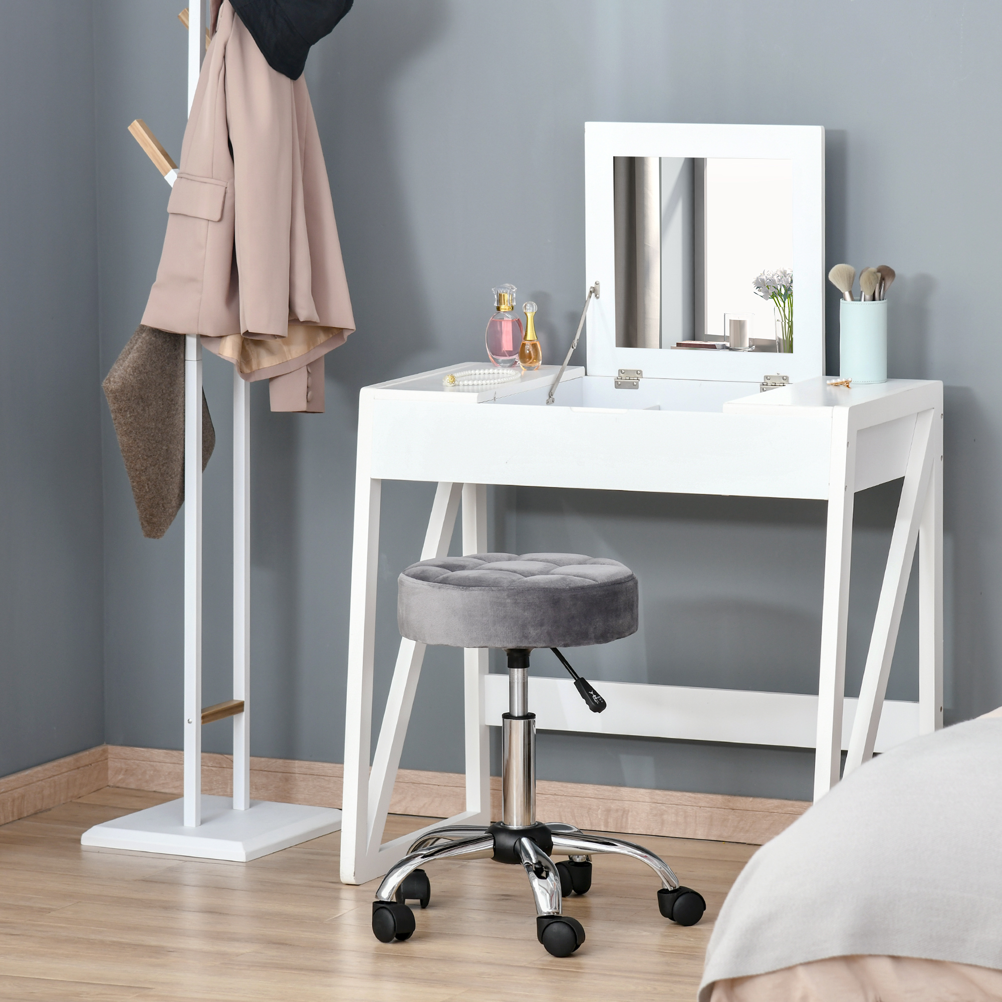 HOMCOM Salonstuhl mit Rädern Rollhocker höhenverstellbar drehbar Salon Hocker Samt-Touch Schaumstoff Chrom-Basis Hellgrau 35 x 35 x 49-61 cm