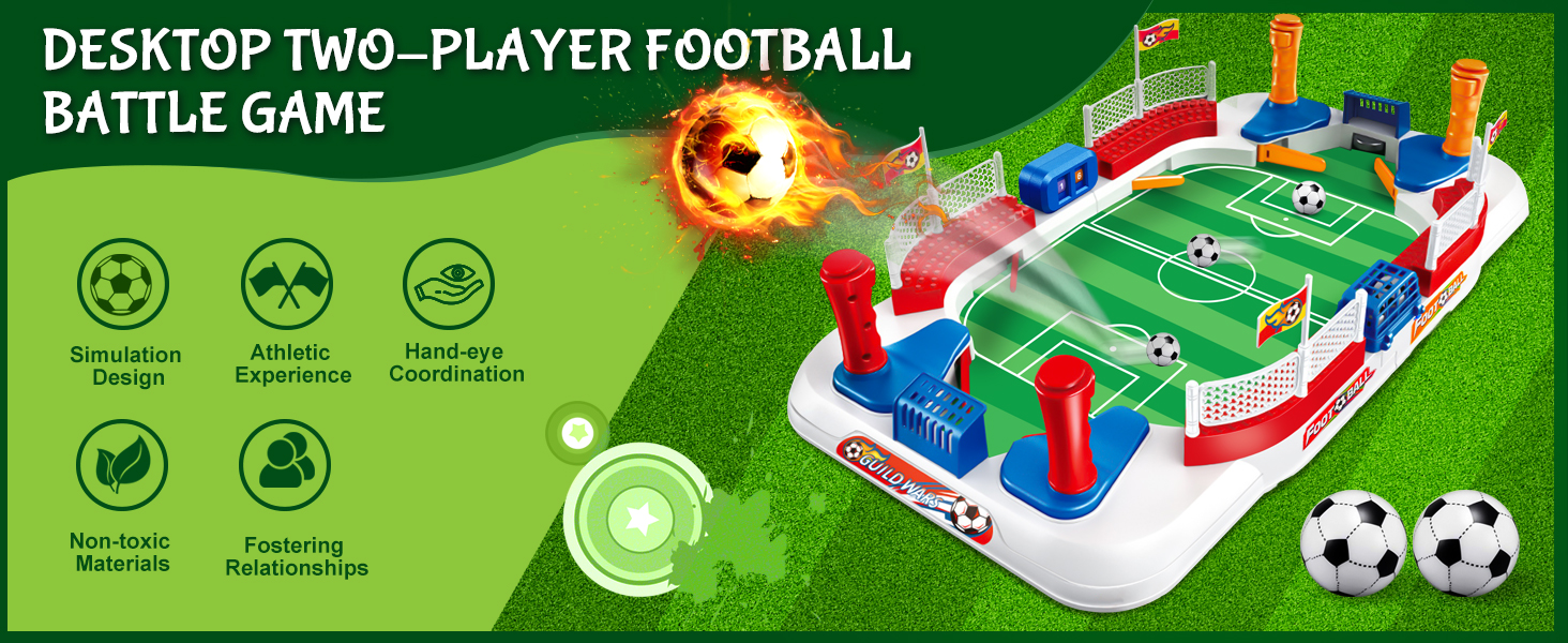 Il testo dice ?GIOCO DESKTOP DI BATTAGLIA DI CALCIO PER DUE GIOCATORI?. Schermate di un'interfaccia digitale di un gioco di calcio che mostra il campo verde e i comandi del giocatore.