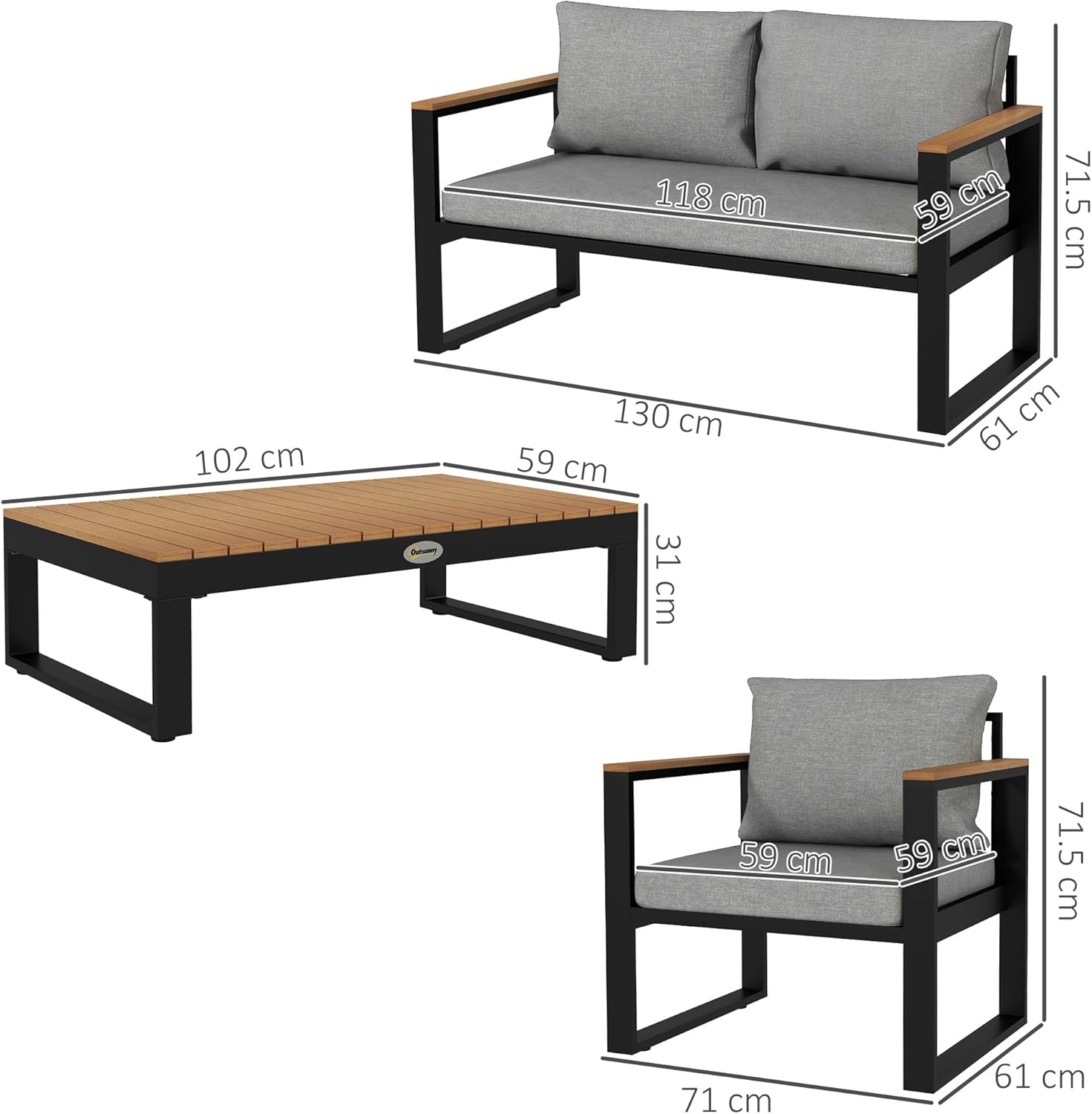 Outsunny 4-Piece Garden Living Room with Outdoor Sofa, 2 Armchairs and Coffee Table, Outdoor Set in Aluminium and Wood Effect Slats, Grey