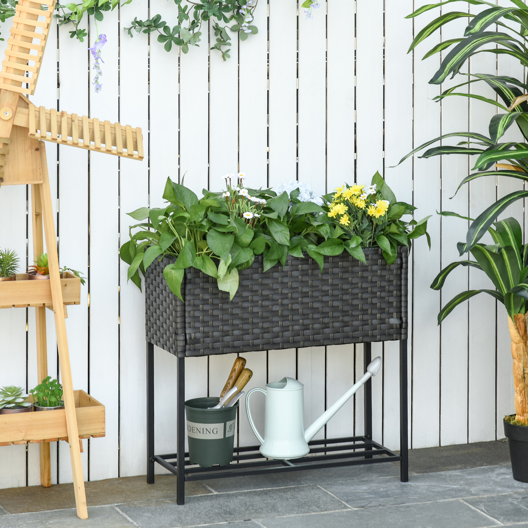 Outsunny Hochbeet, Blumenkasten, tiefe Ablage, Metallrahmen/Polyrattan, 70 x 30 x 70 cm, Dunkelbraun