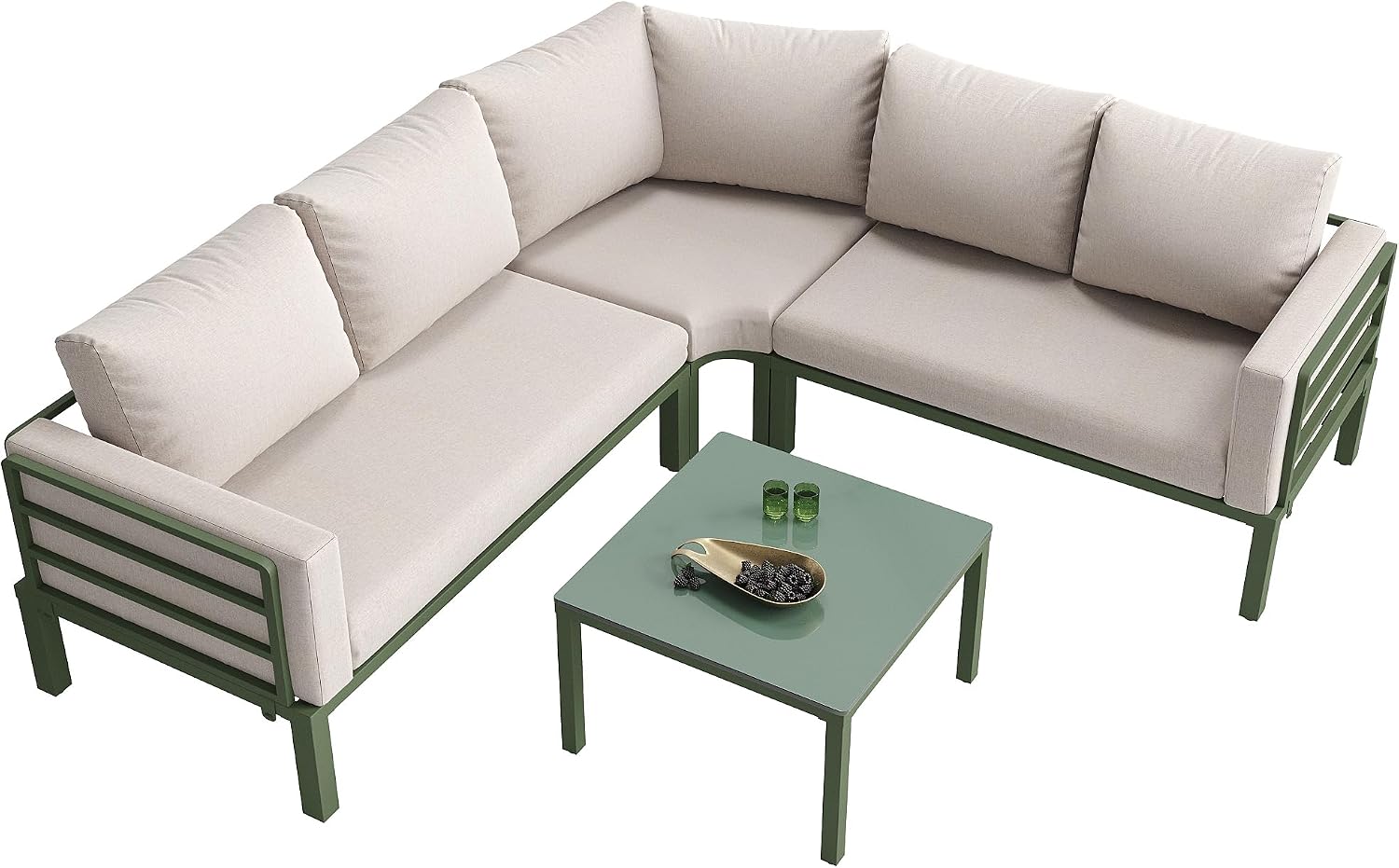 gonew21 Sofa, 10 cm, Beige, Lounge Set für 4‑5 Personen, Mit Eck & Couchtisch, Balkonmöbel Set wetterfest mit Sitzkissen in für Garten