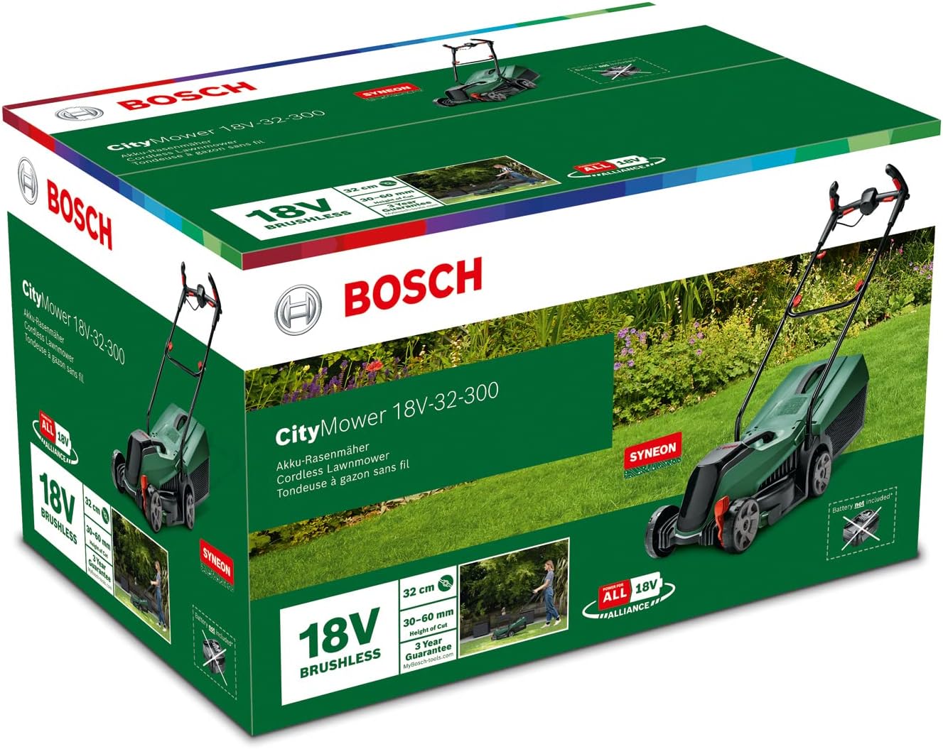 Bosch Akku-Rasenmäher CityMower 18V-32-300 (18 Volt, 1x Akku 4,0 Ah, Schnittbreite: 32 cm, Rasenflächen bis 300 m², im Karton)