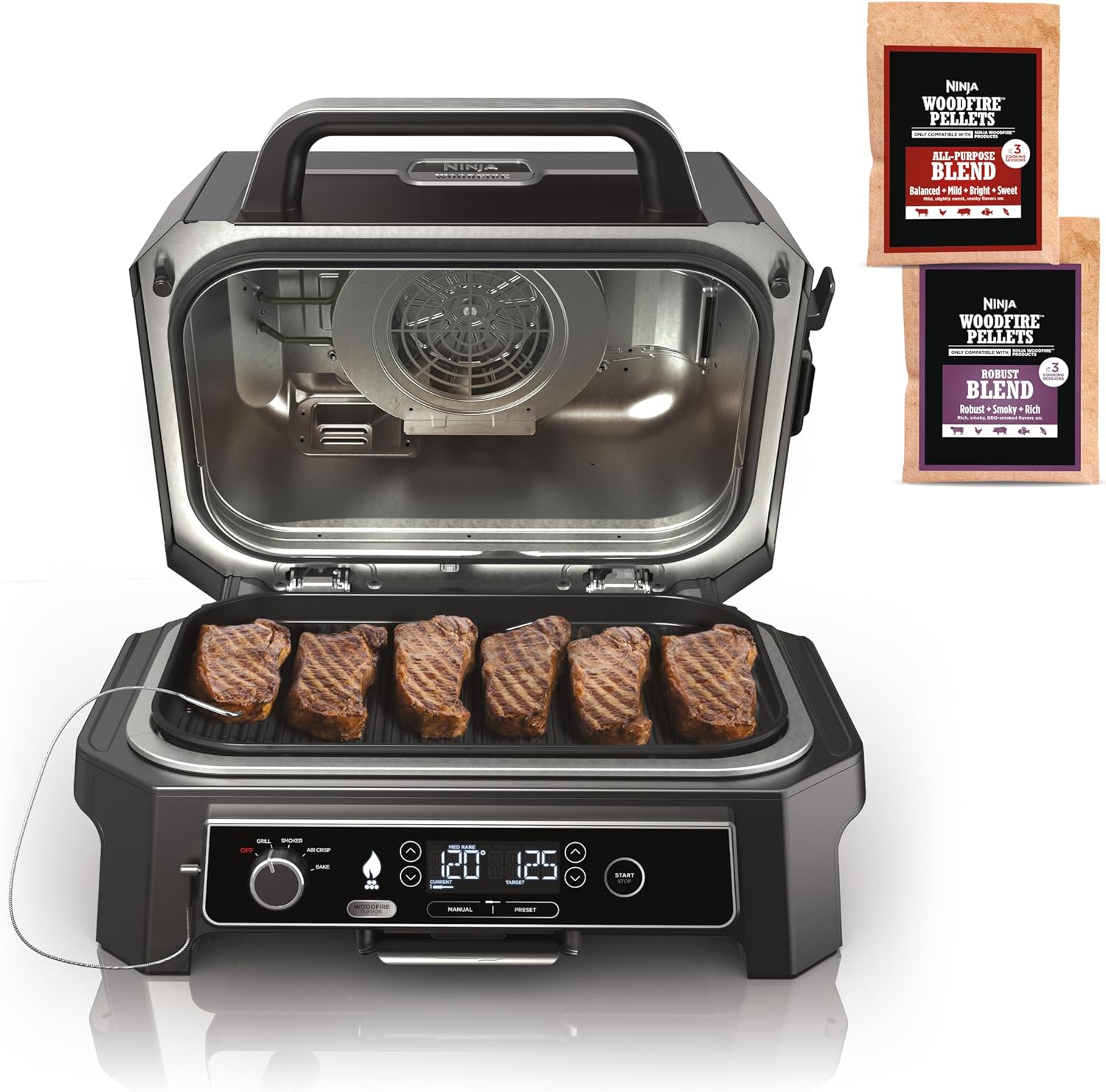 Ninja | Grill & Smoker | Outdoor Woodfire Pro XL | 4 in 1 Grill  BBQ Smoker  Air Fryer & Bake | Portable | Includes Built in Thermometer & 2 Woodfire Pellet Packs | Dark Grey | OG850
