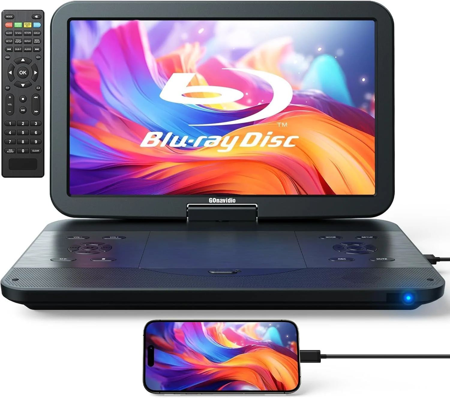 GOnavidio Fernseher, 15,4 Zoll, Blau, Tragbarer Blu Ray DVD Player Mit HDMI Kabel, 270 ° drehbar HD 1920x1080