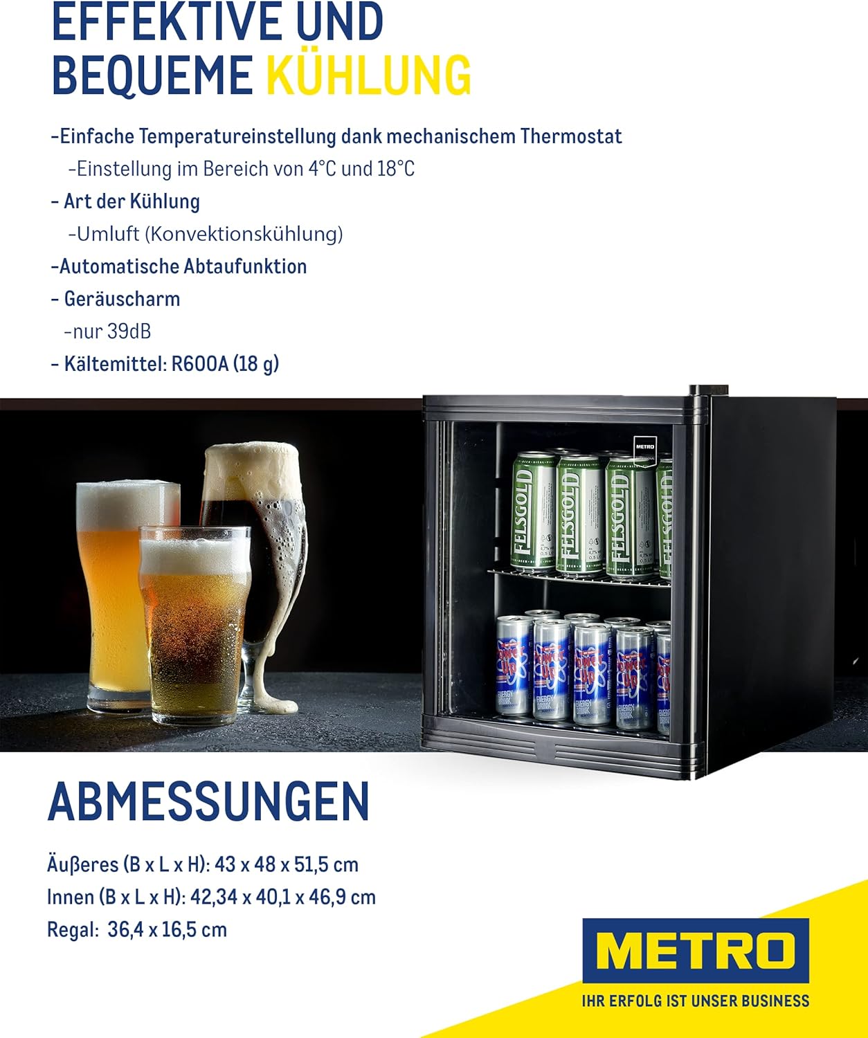 METRO Professional Mini-Kühlschrank GPC1046, Edelstahl/Glas, 43 x 48 x 51.5 cm, 46 L, schwarz