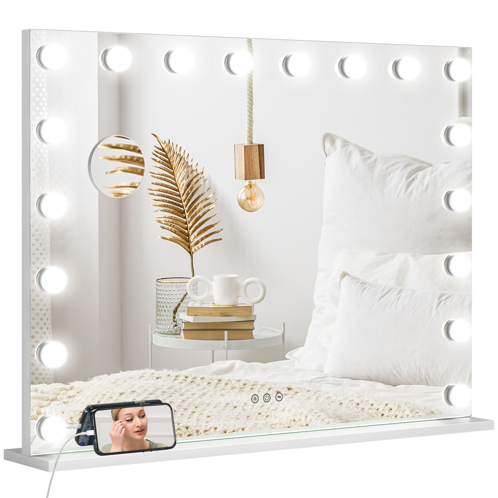HOMCOM Einstellbarer LED-Spiegel mit Make-up-Beleuchtung und Vergrößerungsspiegel USB-Ladeanschluss, 80 x 62 cm
