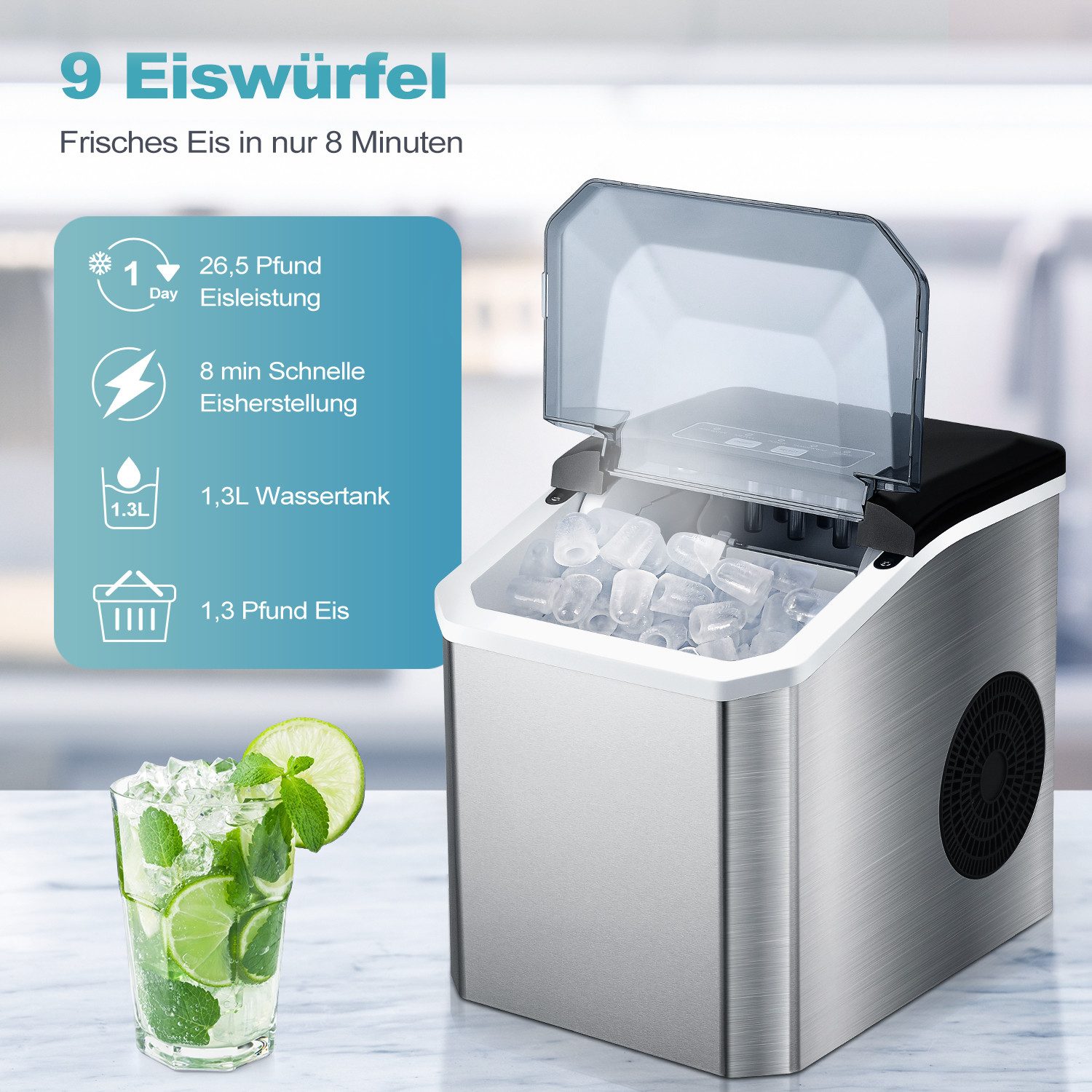 Eiswürfelmaschine YH22M Ice Maker 1,3 l Wassertankkapazität 12kg/24 Stunde (9 Würfel)