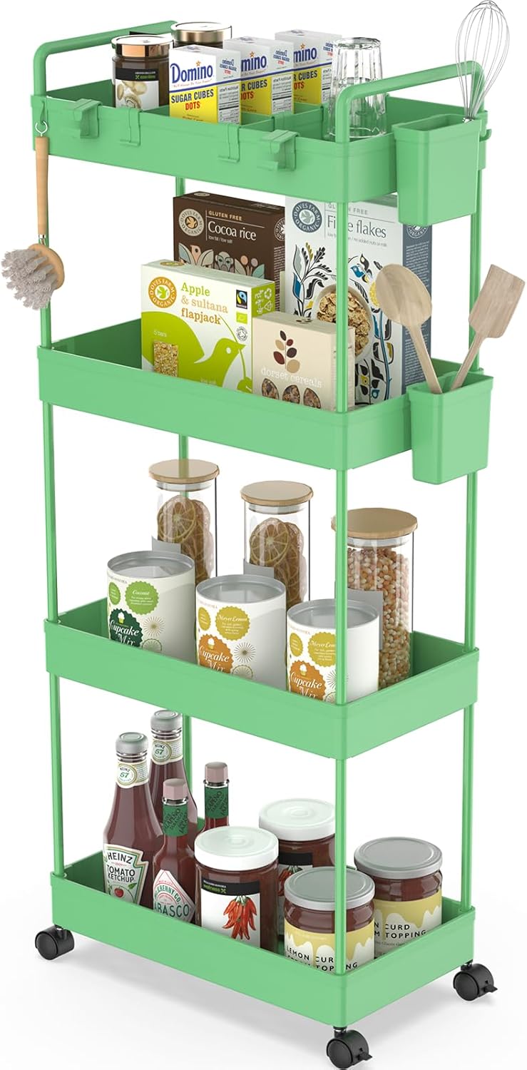 Ronlap Carrello Portaoggetti Sottile, Organizzatore di Stoccaggio Carrello a 4 Livelli, Carrello Portaoggetti su Ruote, con cestino, divisori, Bianco