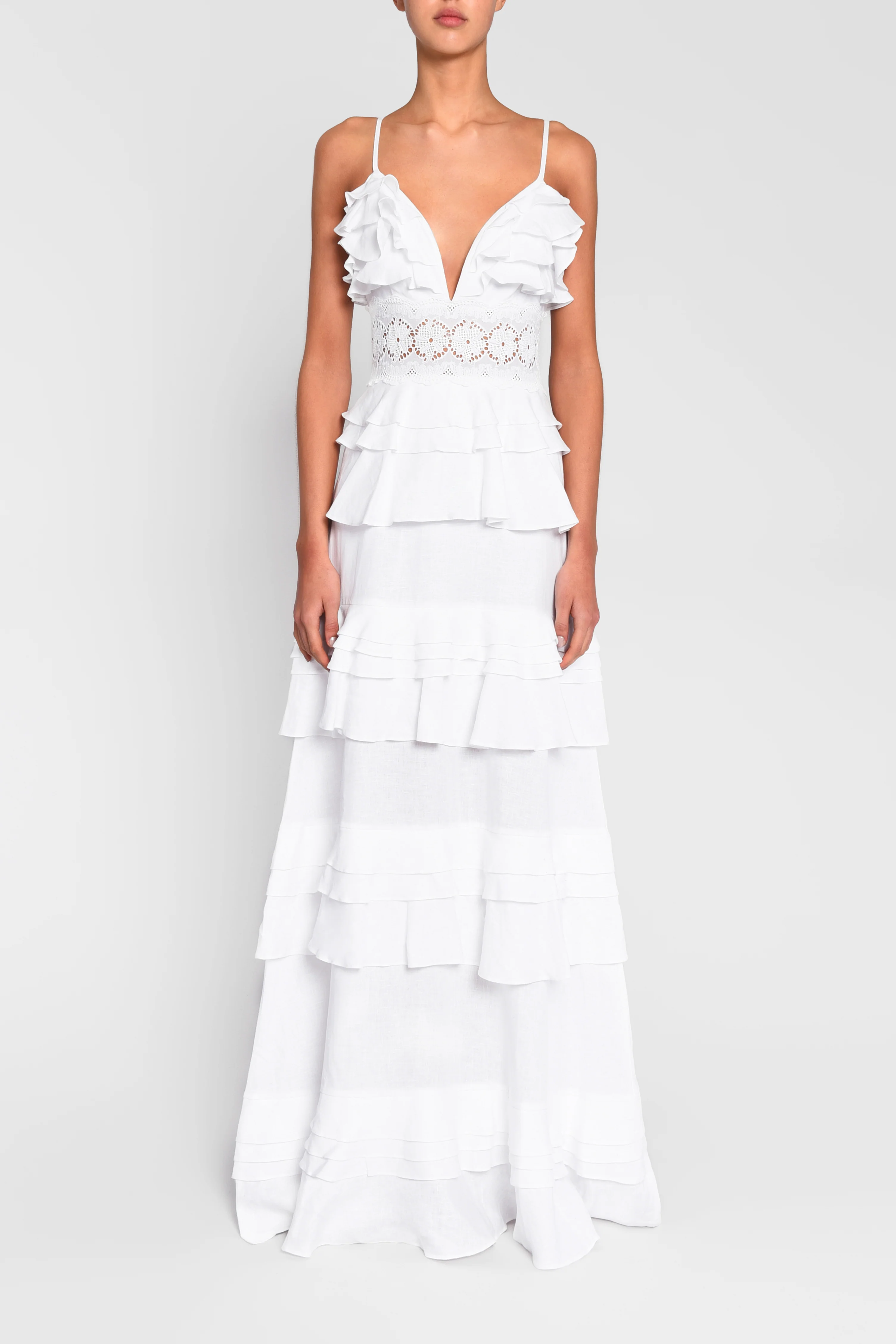 Sophia White Linen Tiered Ruffle Maxi Dress