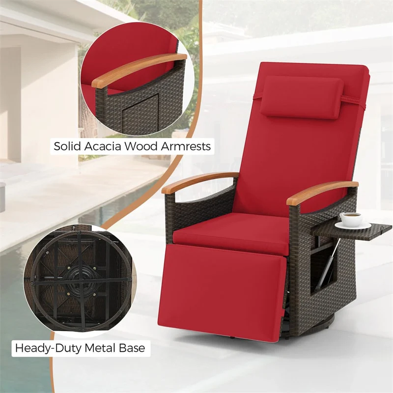 Outdoor Rattan 360° Swivel Recliner Chair, Patio Wicker Chaise Lounge Chair with Adjustable Backrest & Footrest, Flip Side Table & Cushions
