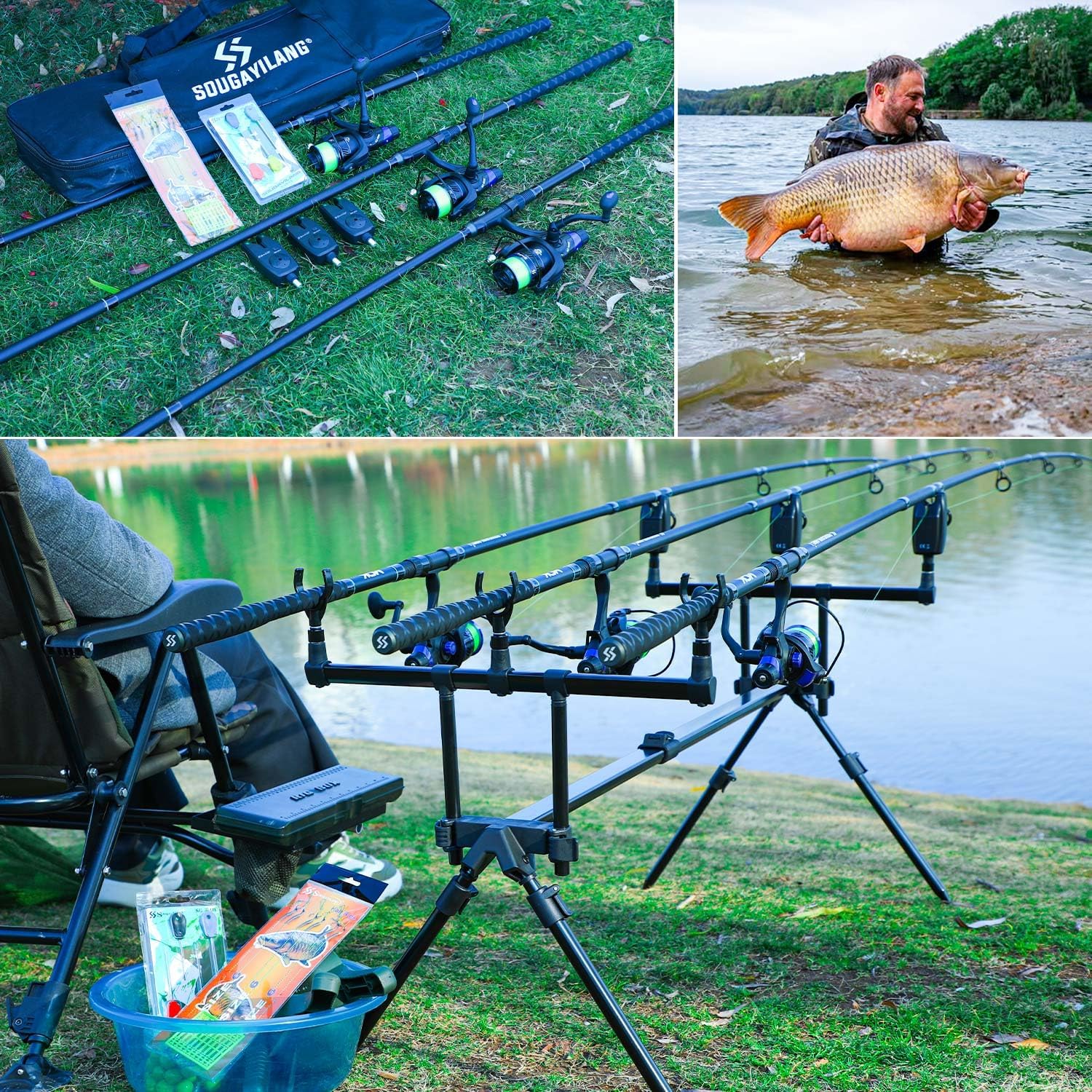 Sougayilang Karpfenangel-Set, 3 Ruten und Rollen im Kombipack, Verstellbarer Rutenhalter, Bissanzeiger, anfängerfreundliches Komplettset zum Karpfenangeln in Karpfenseen und Flüssen