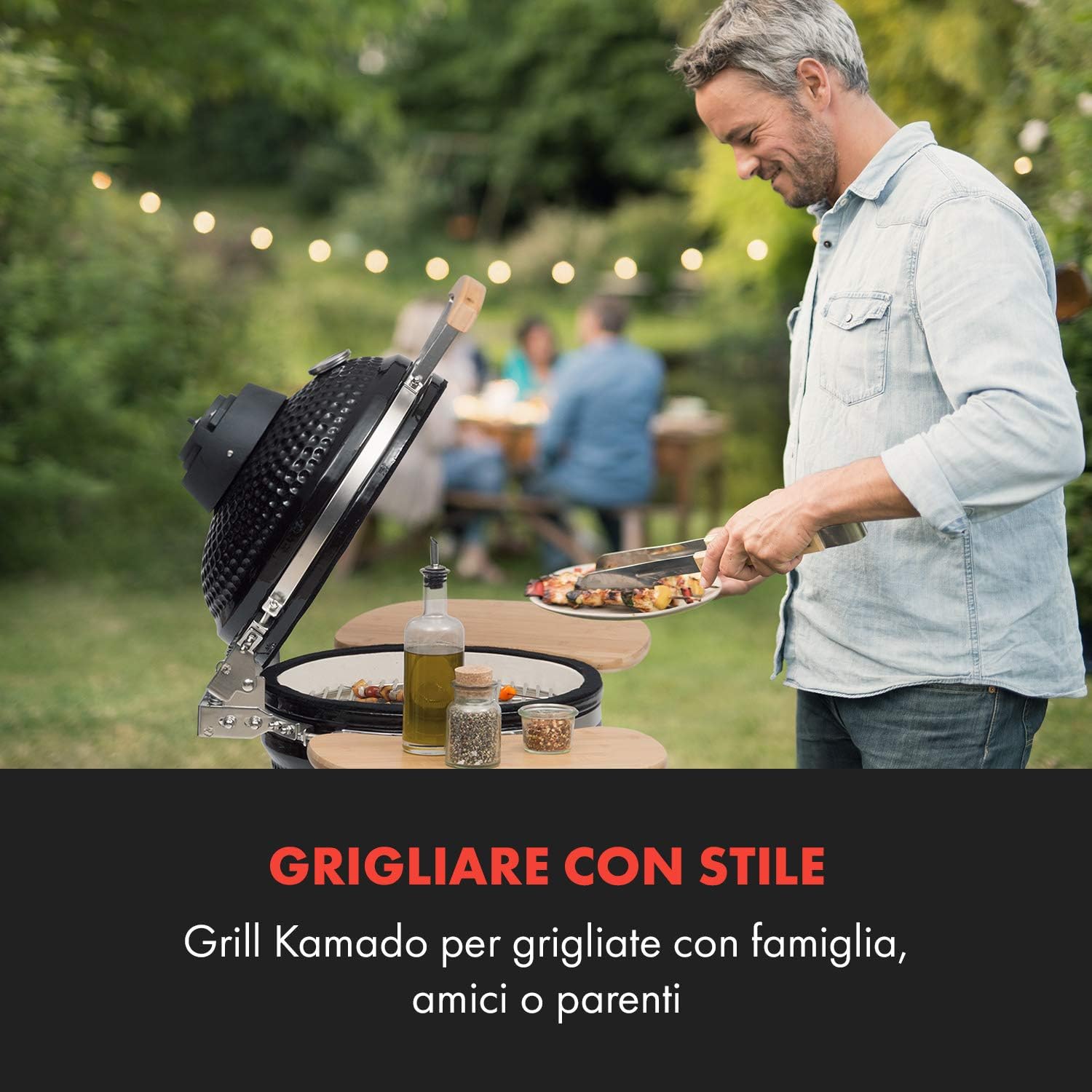 Klarstein Queen Kamado Grill - Barbecue, Grigliare, Cucinare Lentamente o Affumicare, Pannelli Laterali Rimovibili, Materiali: Ceramica, Acciaio Inox, bambù, Termometro 0-450 °C, 3 Ruote, Nero