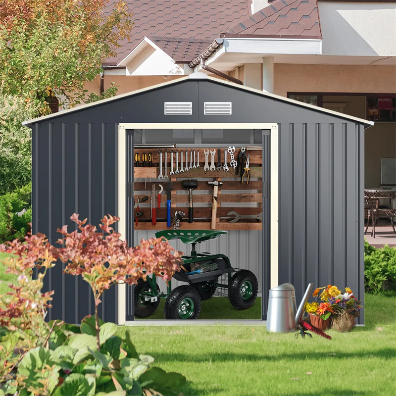 Eletriclife 9 x 6 Feet Metal Storage Shed with Sliding Double Lockable Doors