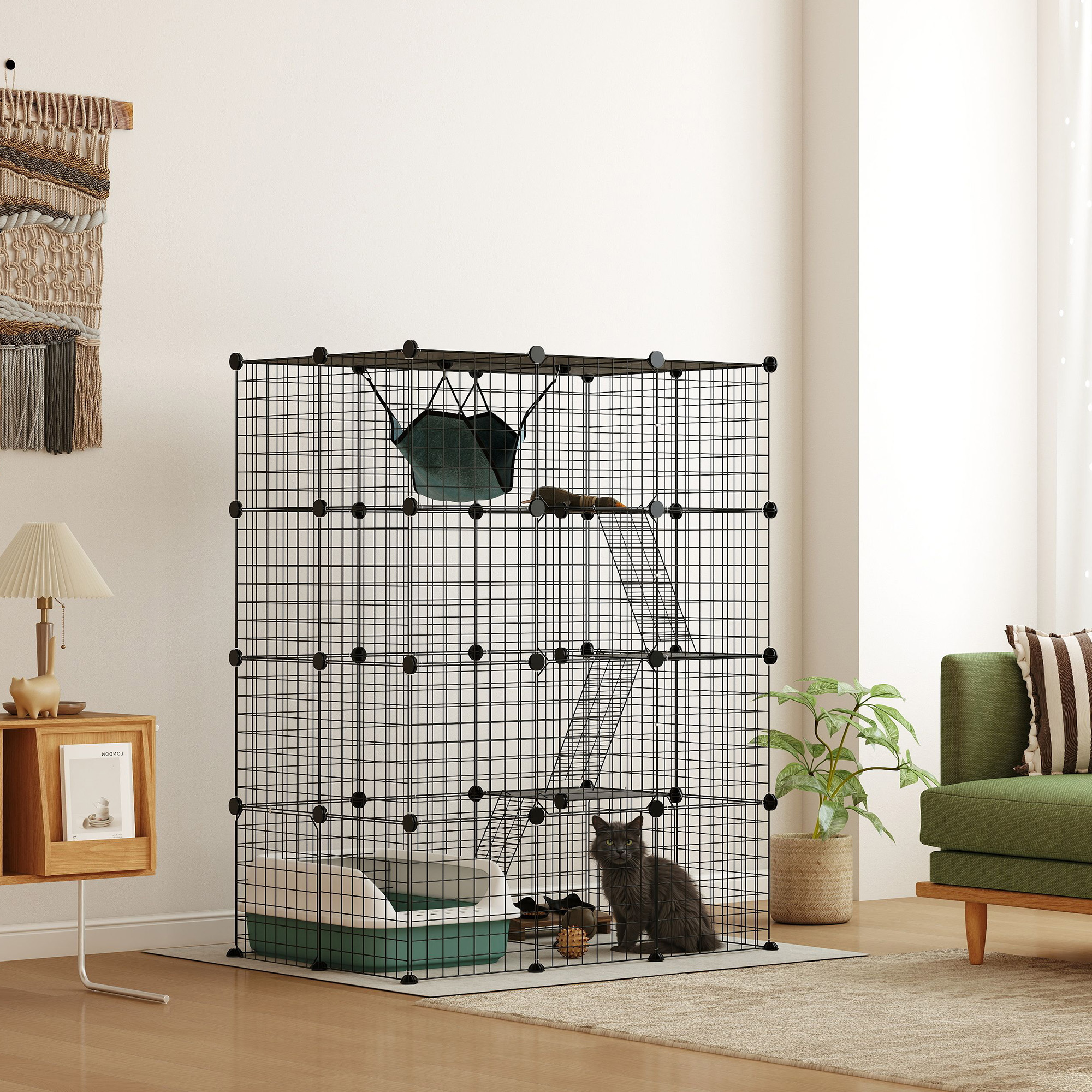 PawHut Katzenkäfig aus Stahl für den Innenbereich mit 4 Ebenen DIY mit 5 Türen Hängematte 1-3 Katzen 105 x 70 x 140 cm Schwarz
