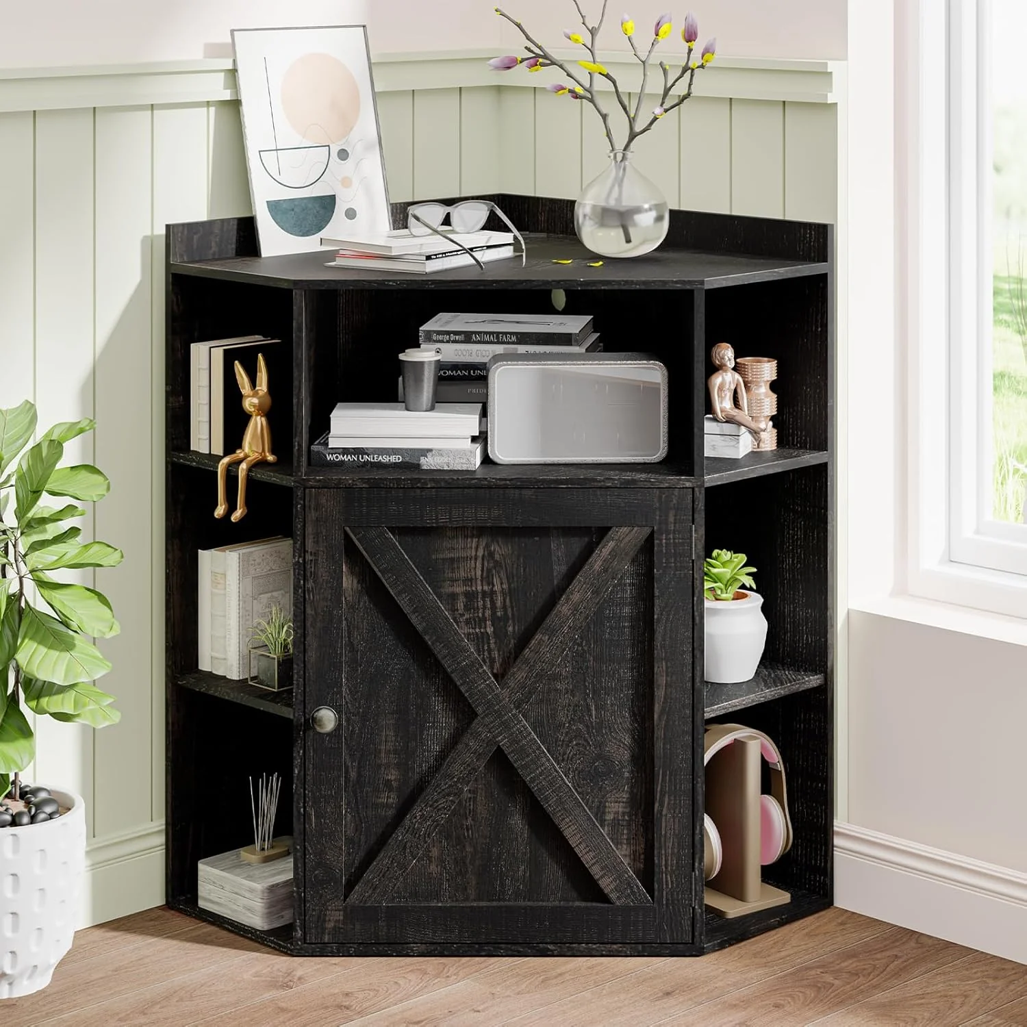 Vabches Corner Cabinet. Corner Storage Shelf with USB Ports and Outlets Industrial Organizer