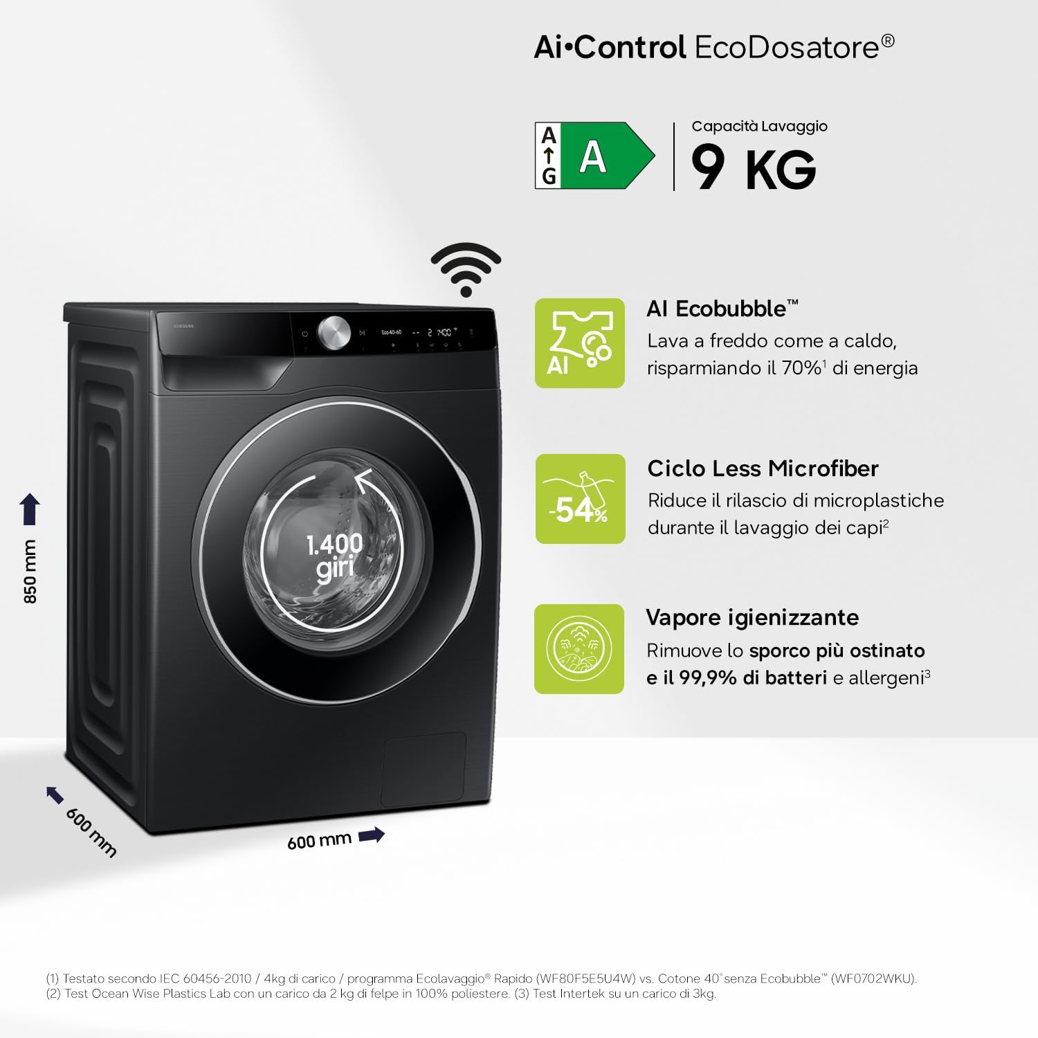 Samsung Lavatrice AI Control WW90DG6U85LB/U3 Libera installazione, 9 Kg, 1400 RPM, Wifi, Ecodosatore, Vapore, Carica Frontale, Corpo: Nero, Oblò: Nero, 60l x 85h x 60p cm, Normal