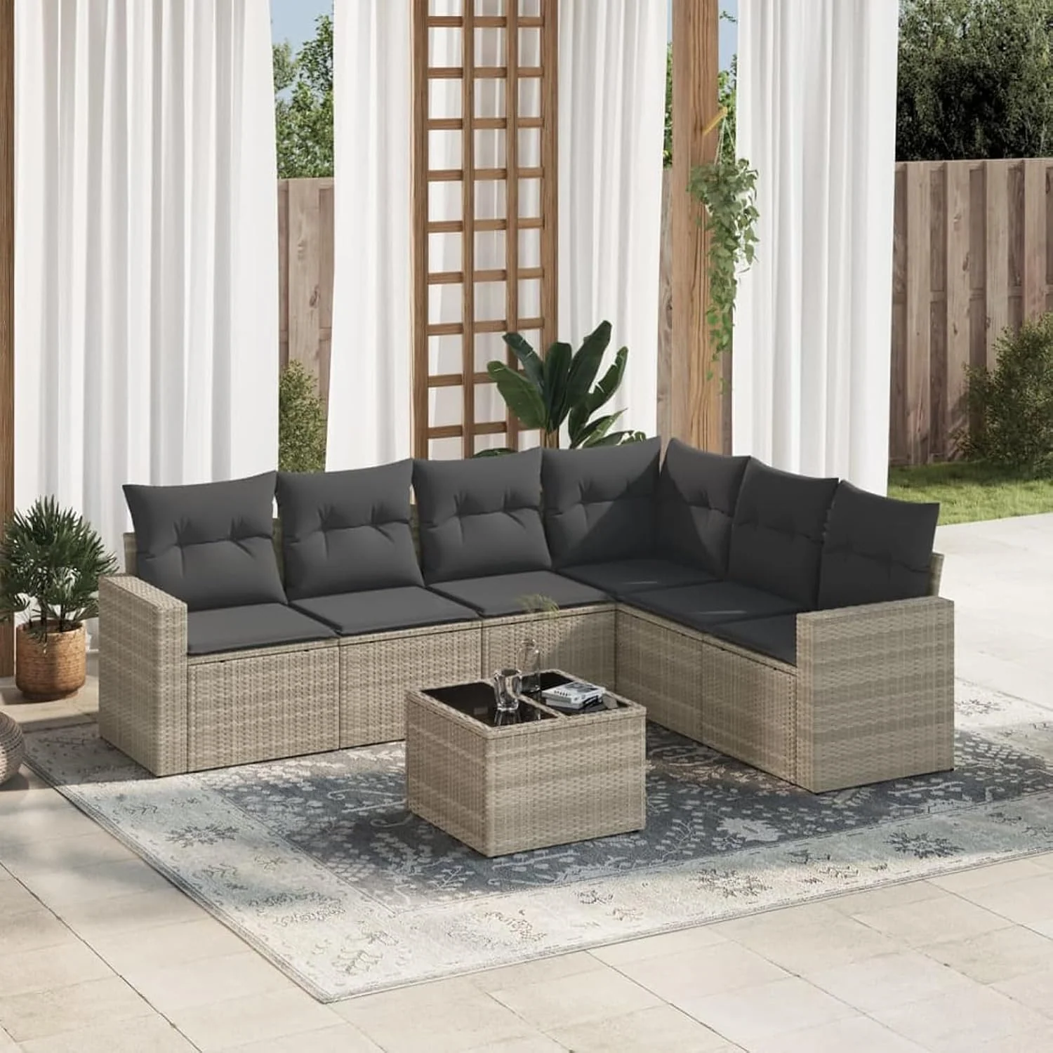 Gartenmöbel-Set Verderoom, Hellgrau, Rattan Gartenmöbel Set mit Stauraum Polyrattan Lounge