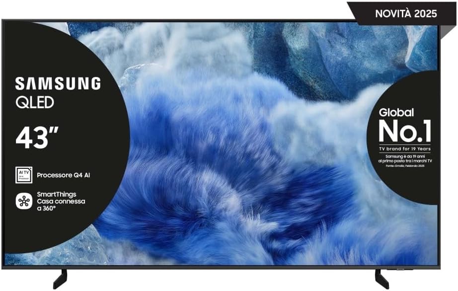 QLED 4K Vision AI Smart TV 43'' QE43Q8FAAUXZT, Q8F, Q4 AI Processor, 4K Upscaling, OTS Lite, Air Slim Design, 100% di Volume Colore con Quantum Dot, PACCHETTO INTRATTENIMENTO, 2025