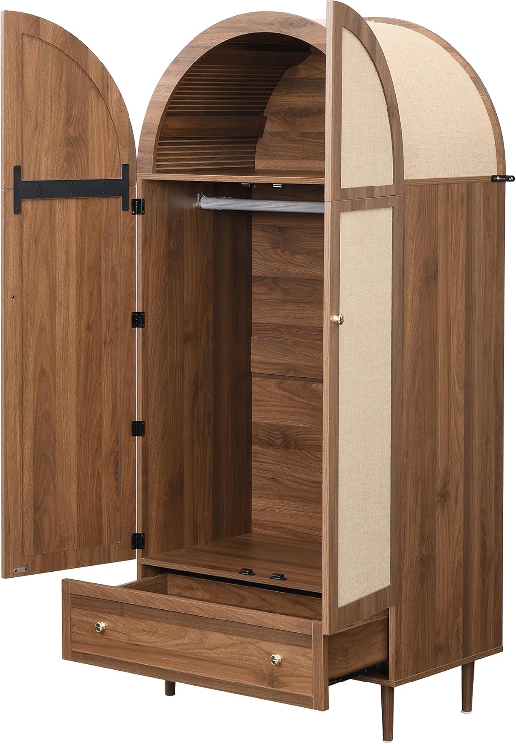 Children's Bedroom Wardrobe with Fabric Doors and Drawer, Walnut Effect, Wooden Feet, Practical Storage for Clothes and Accessories, Bedroom Compartments